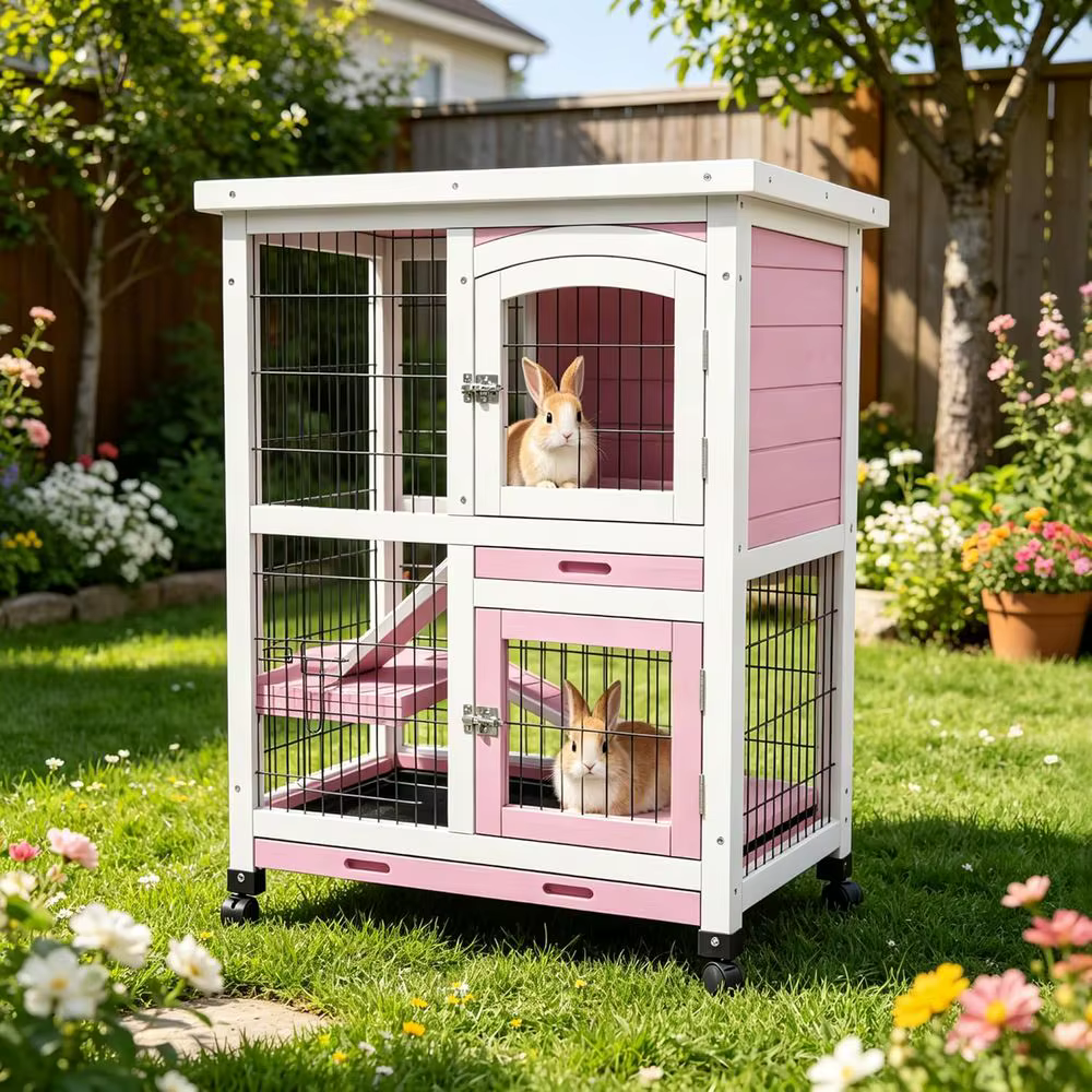 Conejera Exterior de 2 Pisos, Jaulas de Madera Para Cobayas Con Ruedas | o Para 2-4 Gallinas, Jaula Corral Para Aves de Corral Con Bandeja Antideslizante y Removible — imagen 1