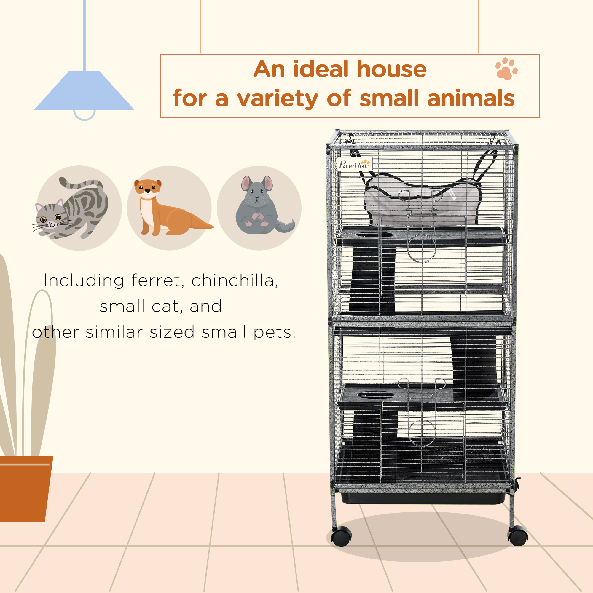 Caja de Metales Grande de 4 Niveles para Pequeños Animales con Hamaca, bandeja removible, espacio extra para ferretes y chinches, gris — imagen 4
