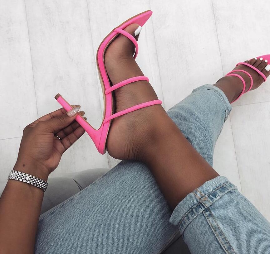 Zapatos de verano para mujer Lycra fluorescente, mocasines con brillo, sandalias de punta abierta, tacón alto, pantuflas, sandalias de moda — imagen 2