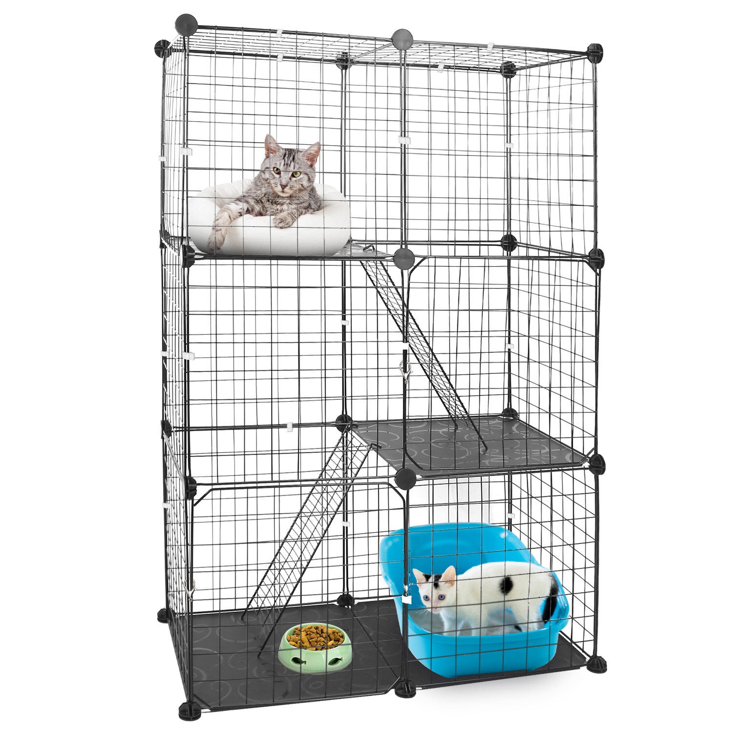Jaula/Corral Metálico para Gatos de 3 Niveles, Casa Desmontable para Gatitos con 3 Puertas y 2 Escaleras, Amplio Espacio de Ejercicio para 1-2 Gatos, Negro — imagen 2