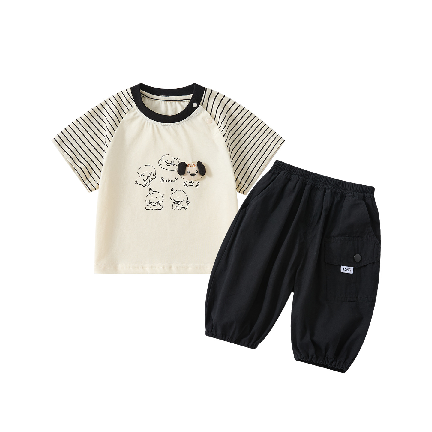 Cartoon Dog Print Striped Short Sleeve Top and Cotton Work Pants Two-Piece Set — image 1
