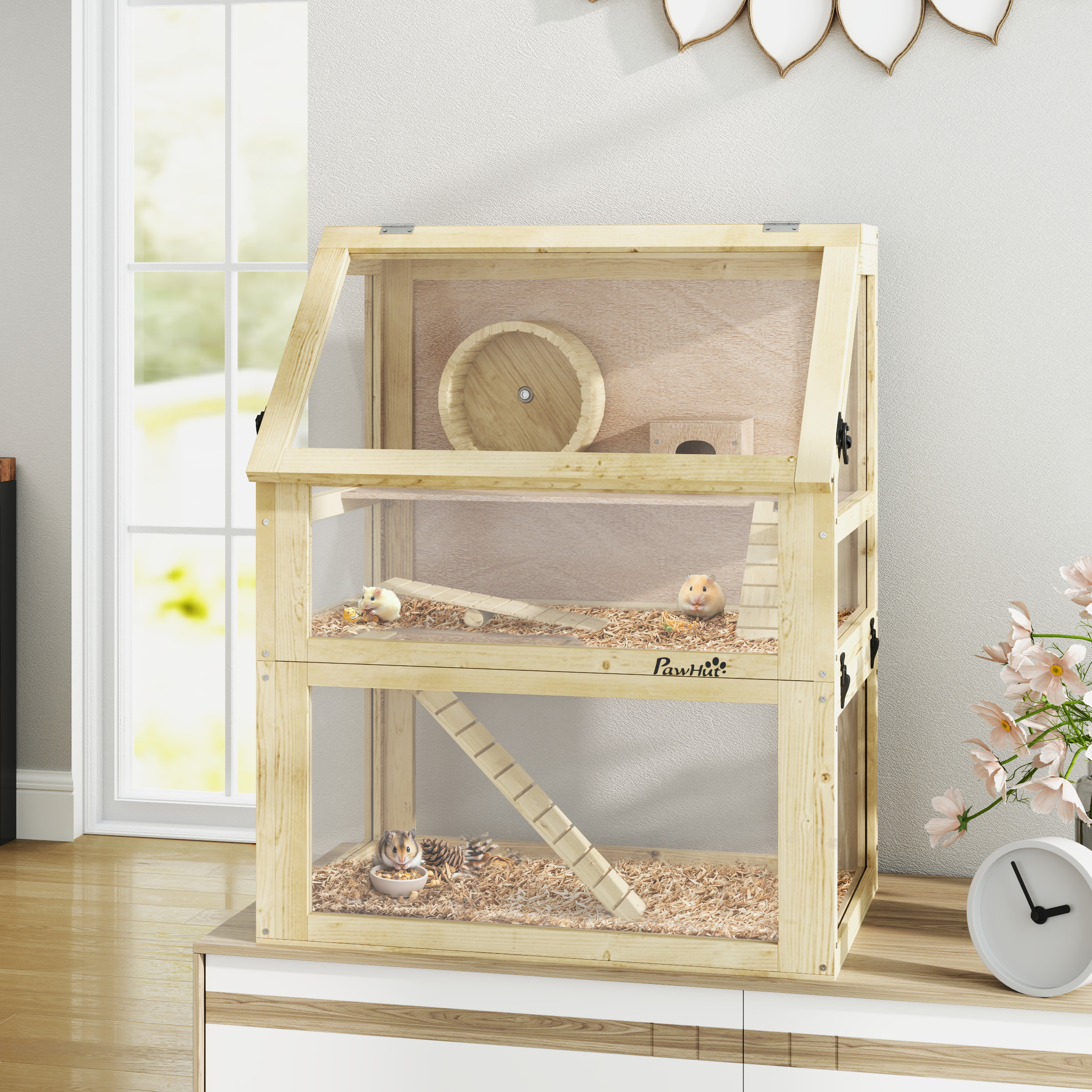 Jaula de Madera para Hámster de 3 Niveles con Base Desmontable, Casita, Balancín, Rueda de Ejercicio y Rampas, 24" x 16" x 29.5" — imagen 4