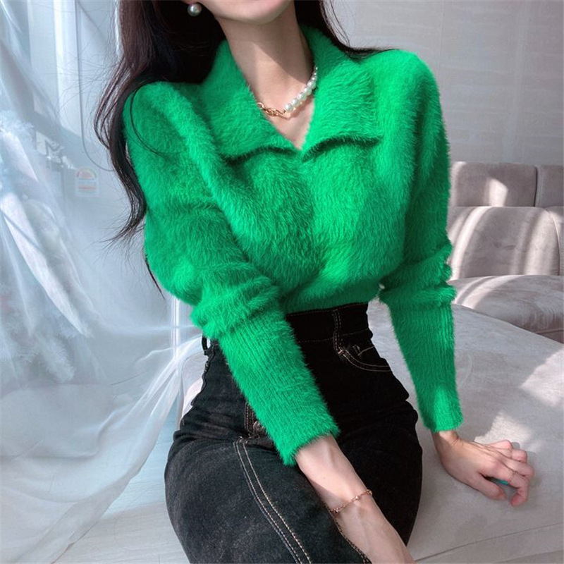 Women's Solid Color Faux Mink V-Neck Polo Collar Short Knit Sweater — image 9