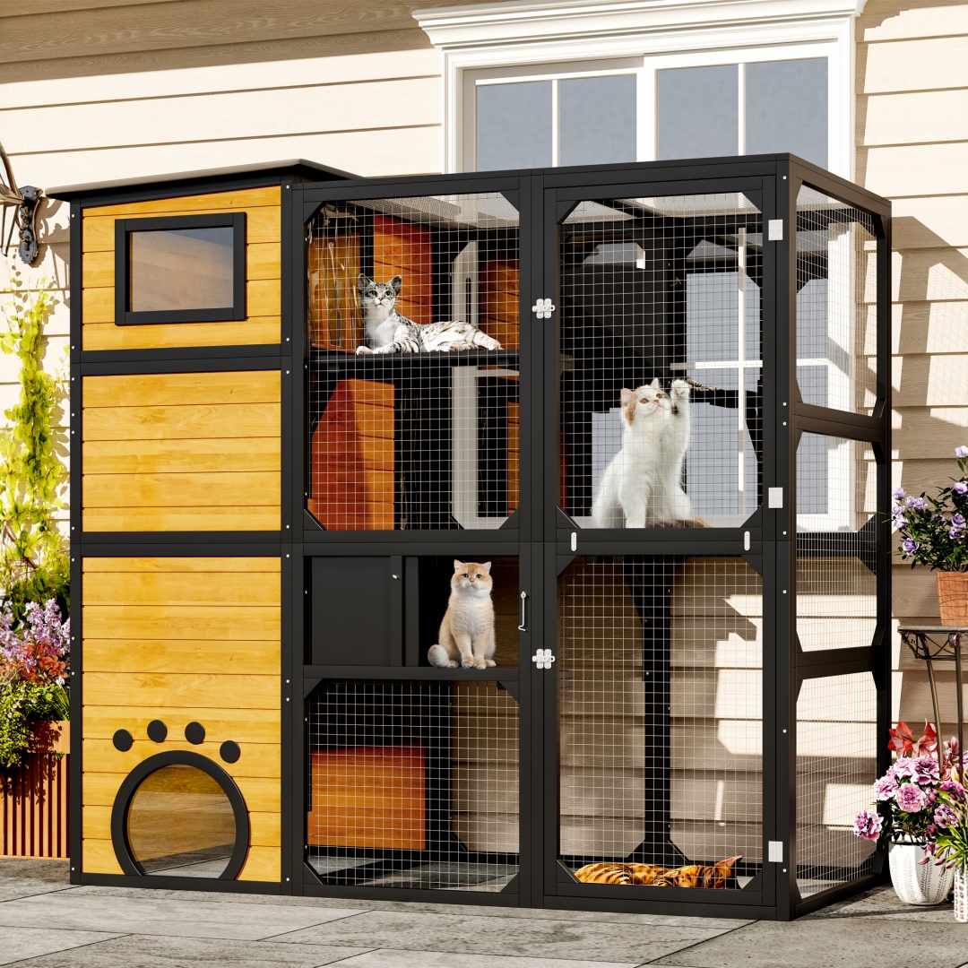 GO Large Cat Catio 4 Tiers Cat Enclosure For Outdoor, Cat House Weatherproof Attached To Window For Multiple Cats With Platforms And Resting Rooms, Brown — image 1