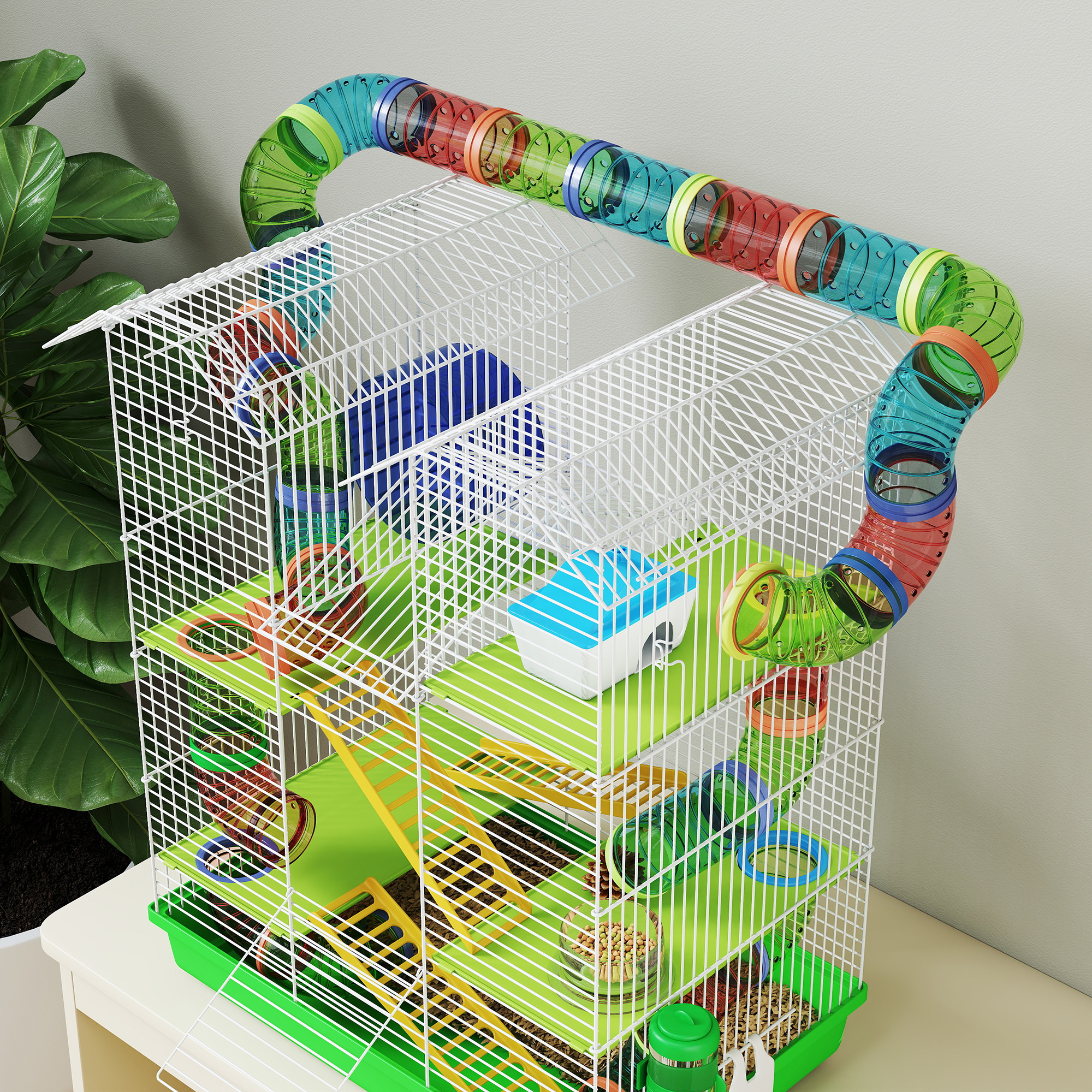 Caja para Hámsters de 5 Niveles de 46 cm con Tubos y Túneles, Caja para Pequeños Animales, Ratón o Roedor con Botella de Agua, Plato de Alimento, Rueda de Ejercicio, Verde — imagen 2