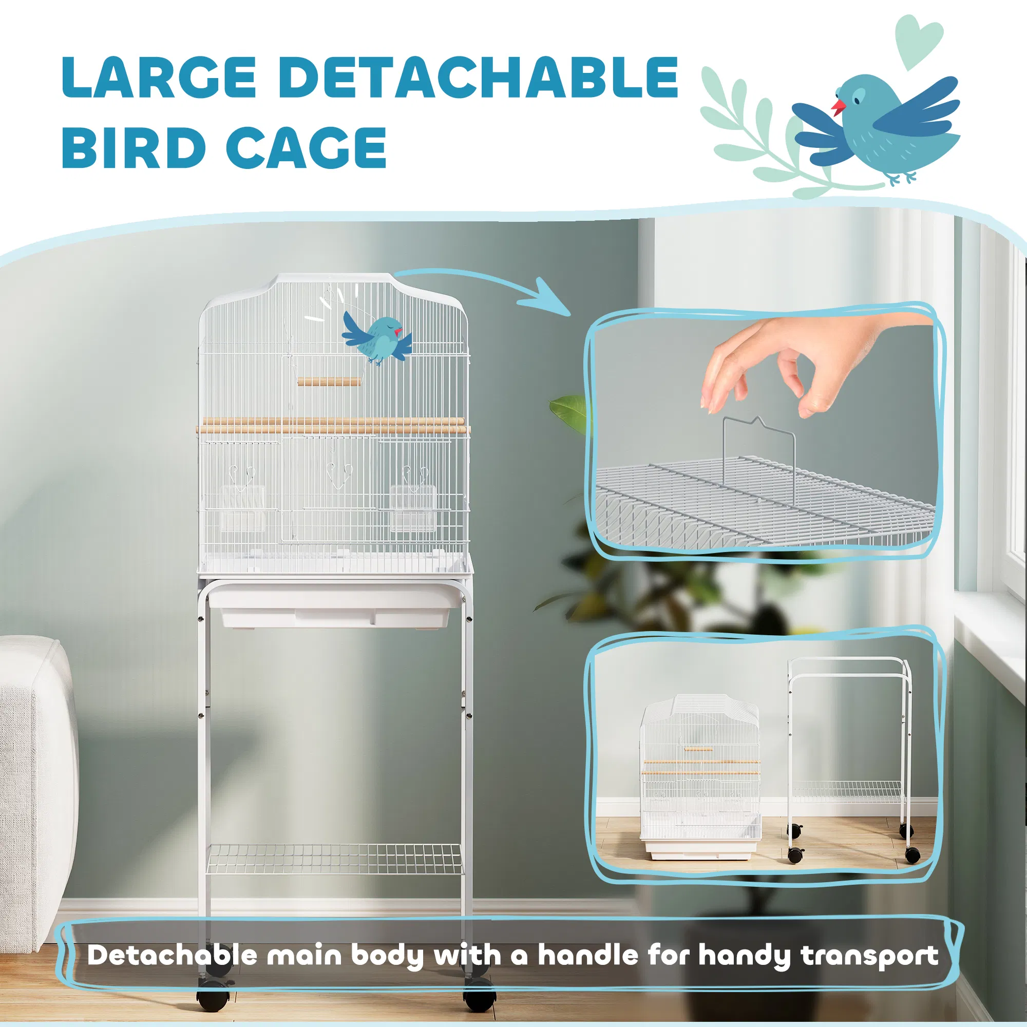 49" Rolling Bird Cage Cockatoo House Play Top Finch Pet Supply with Storage Shelf, Wheels - White — image 4