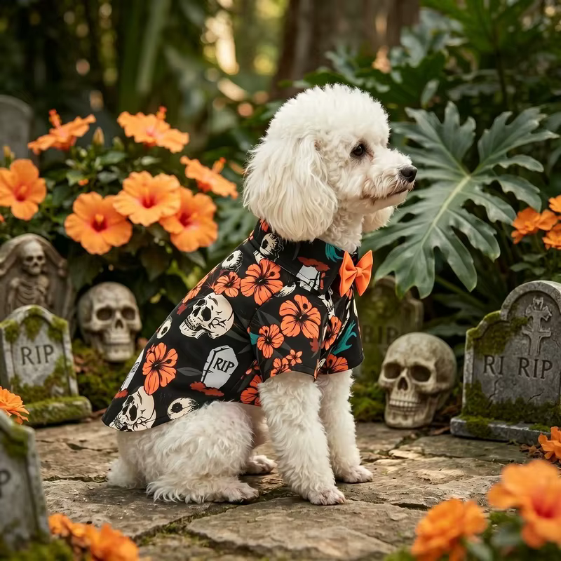Halloween Dog Shirt Floral Pet Hawaiian Shirt with Bowtie Puppy Clothes Apparel Holiday Party Costume for Small Medium Dogs Cats — image 5