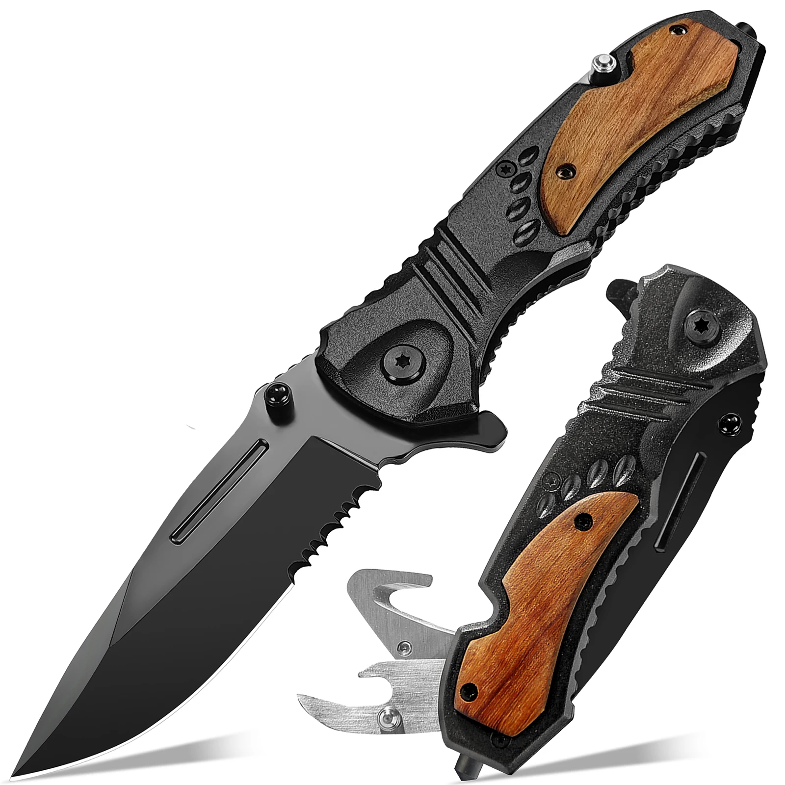 Men's Wood Inlay Handle Foldable Pocket Knife Multifunctional EDC Utility Cutter with Pocket Clip for Outdoor Camping Travel — image 1