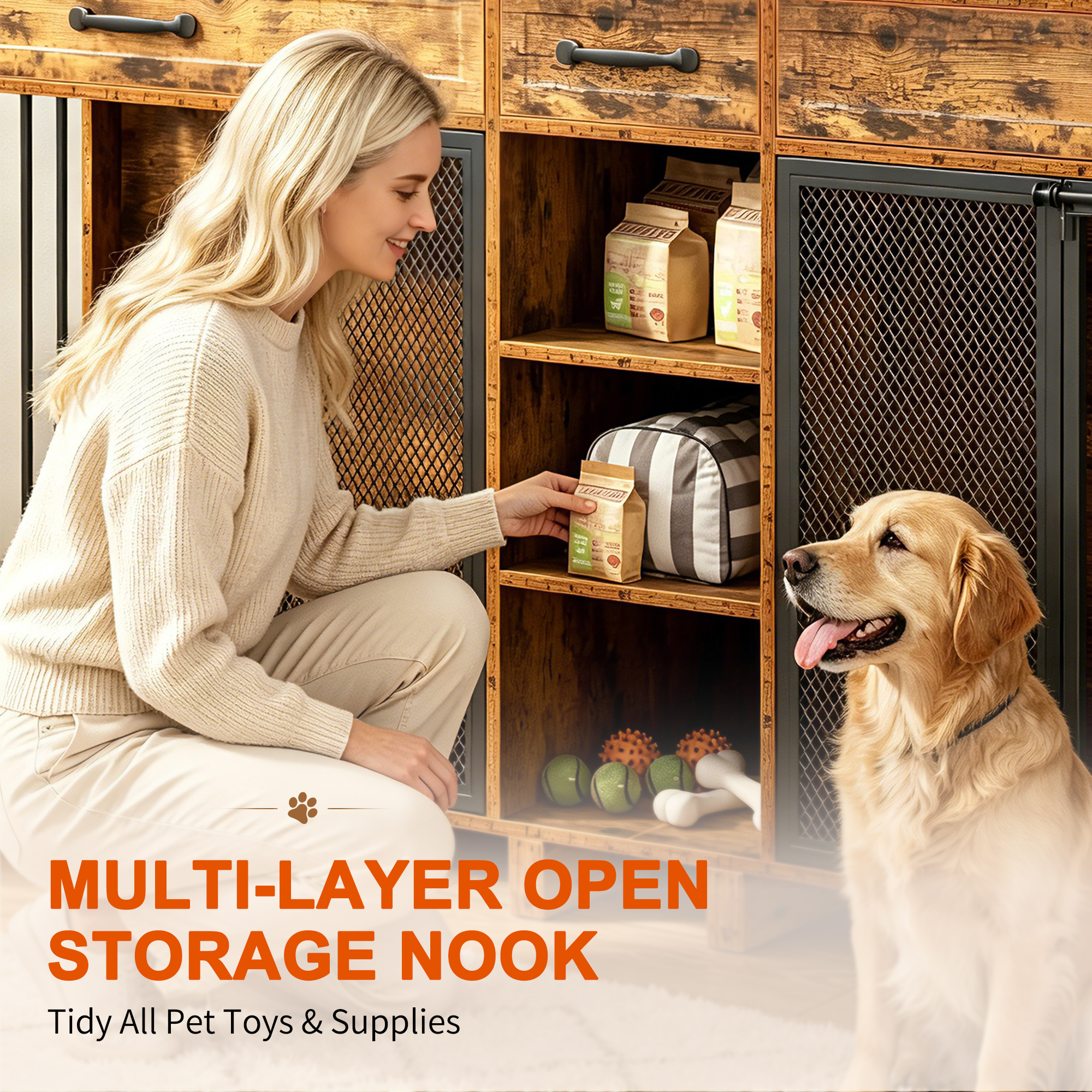 Large Wooden Dog Crate Furniture, Multi-Functional Pet Cage Cabinet with Storage — image 3