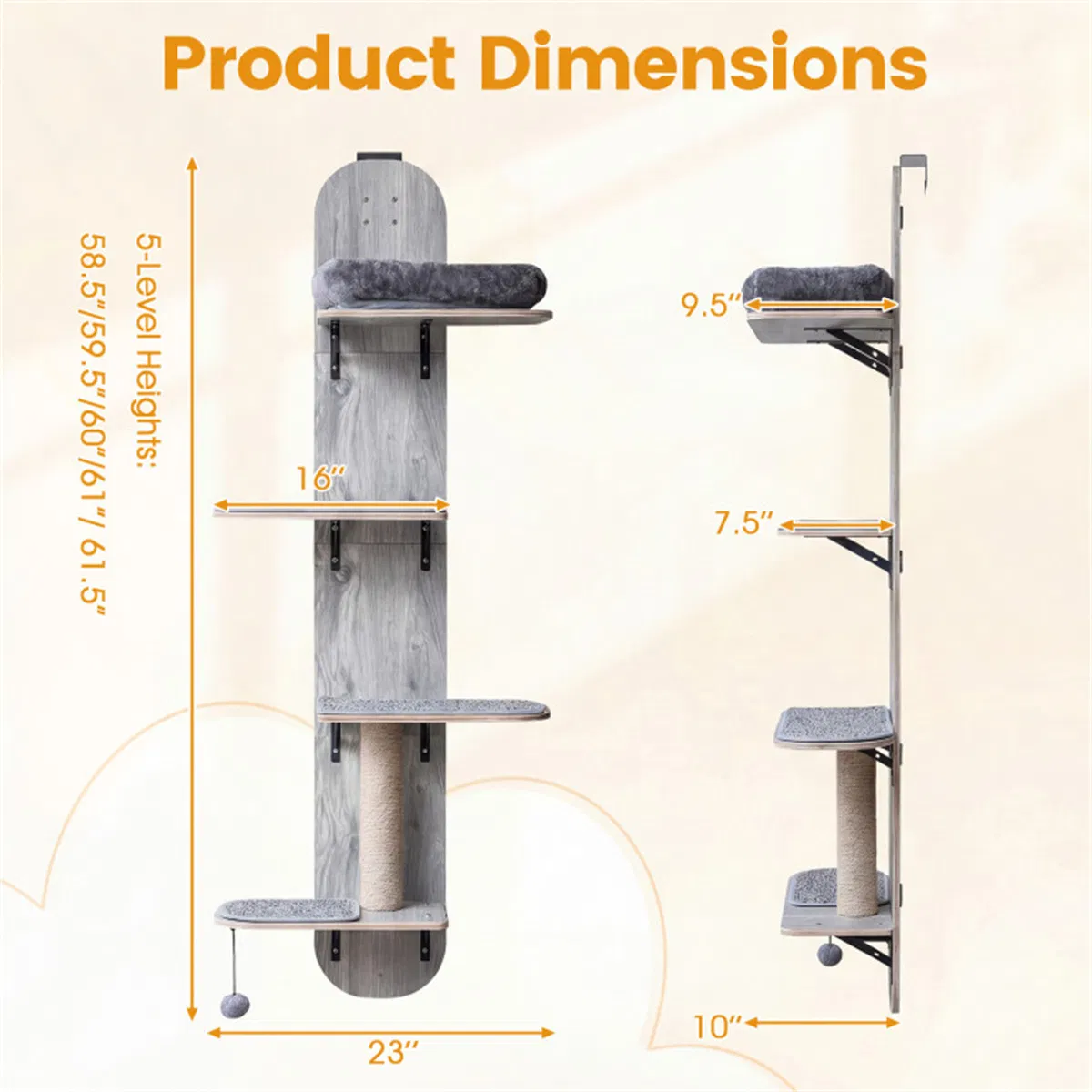 Door Hanging Cat Tree 5-Level Height Adjustable 4-Tier Climber No-Drill for Apartment Grey — image 3