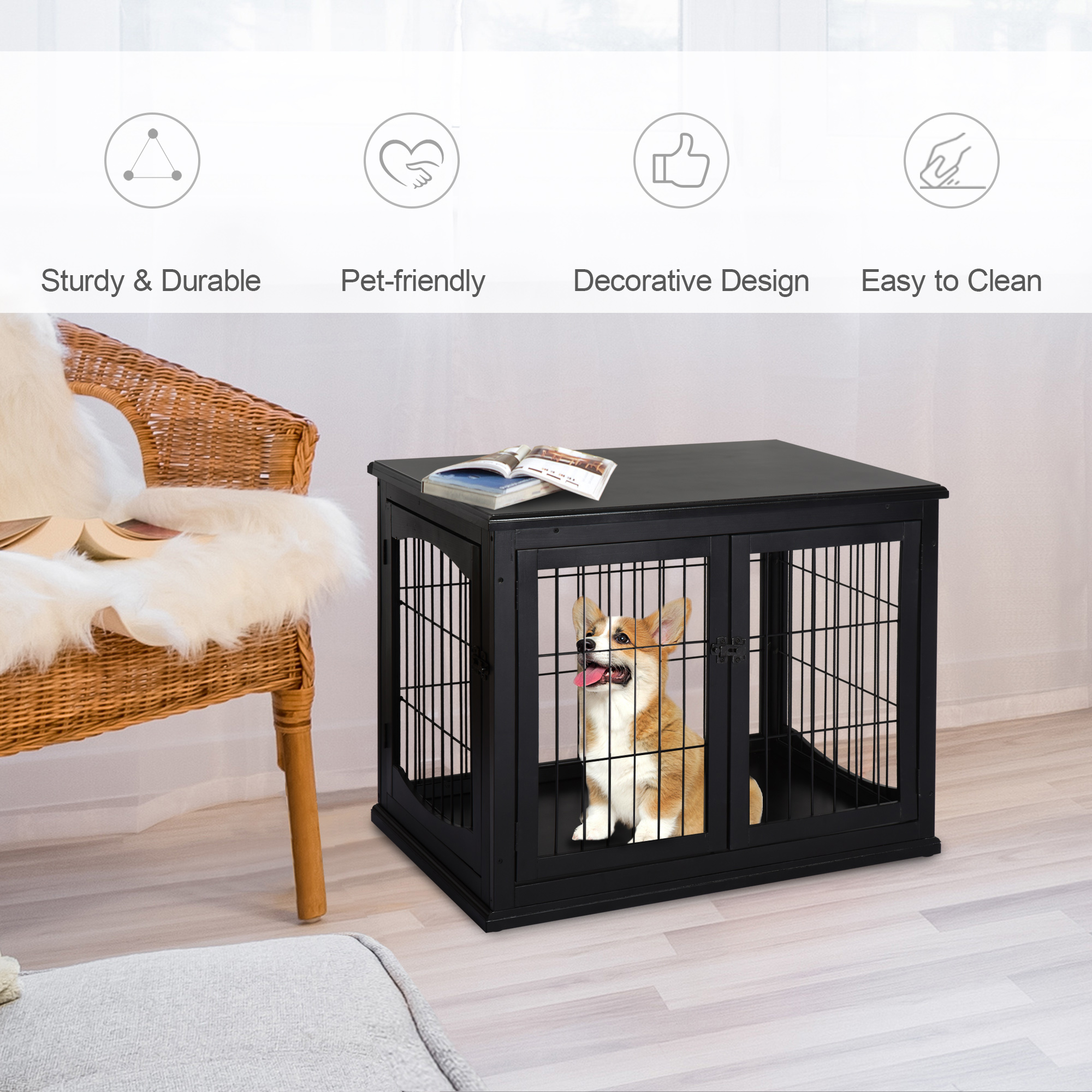 Dog Crate Furniture, 32" Small Dog Cage End Table with 2 Doors, Lockable Door, Puppy Kennel Indoor, Black — image 6