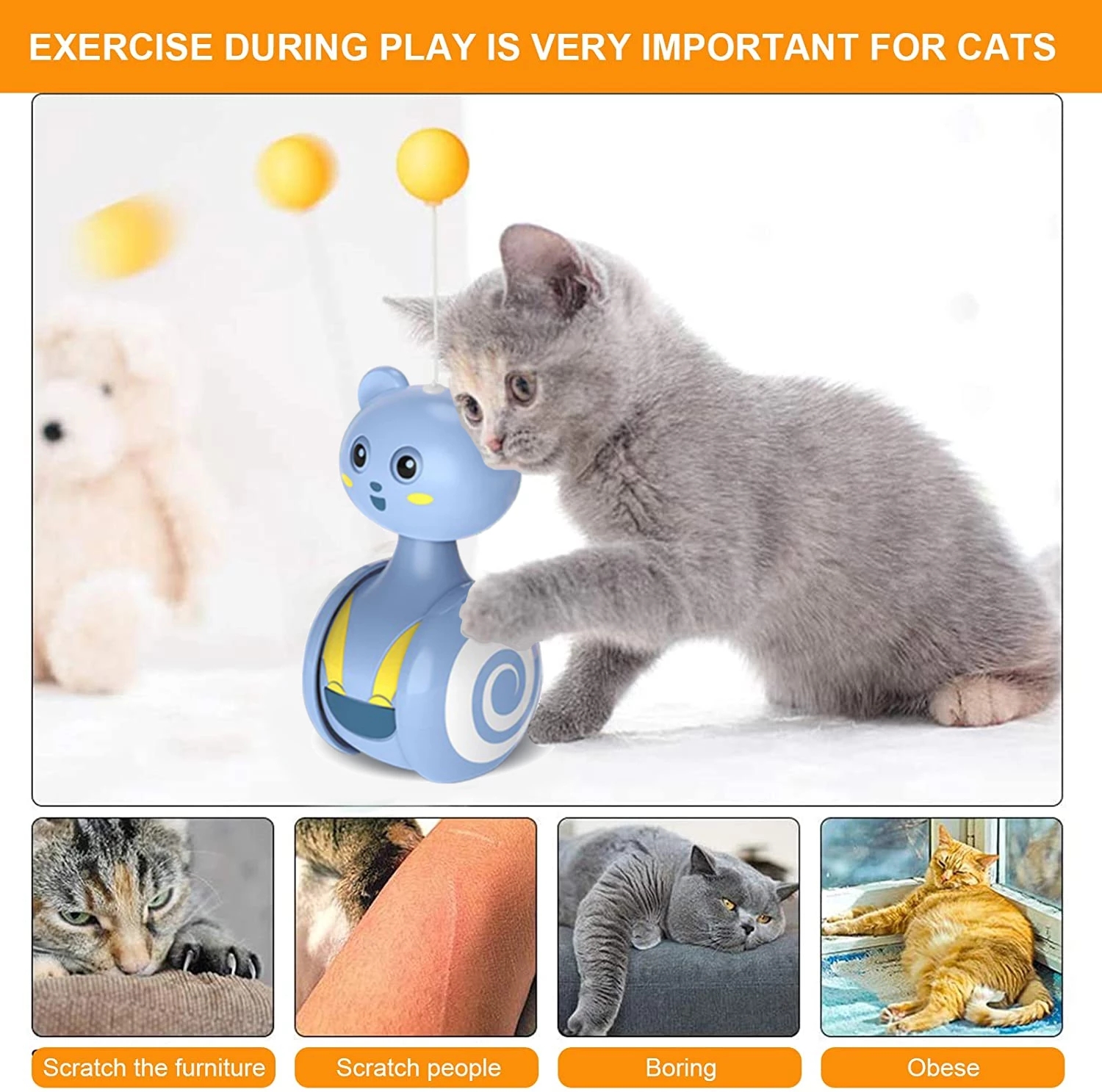 Cat Interactive Feather Toys Pet Bumbler Funny Toy Interactive Cats Toys Cat Rolling Teaser Feather Wand Toys Rotating Ball — image 8
