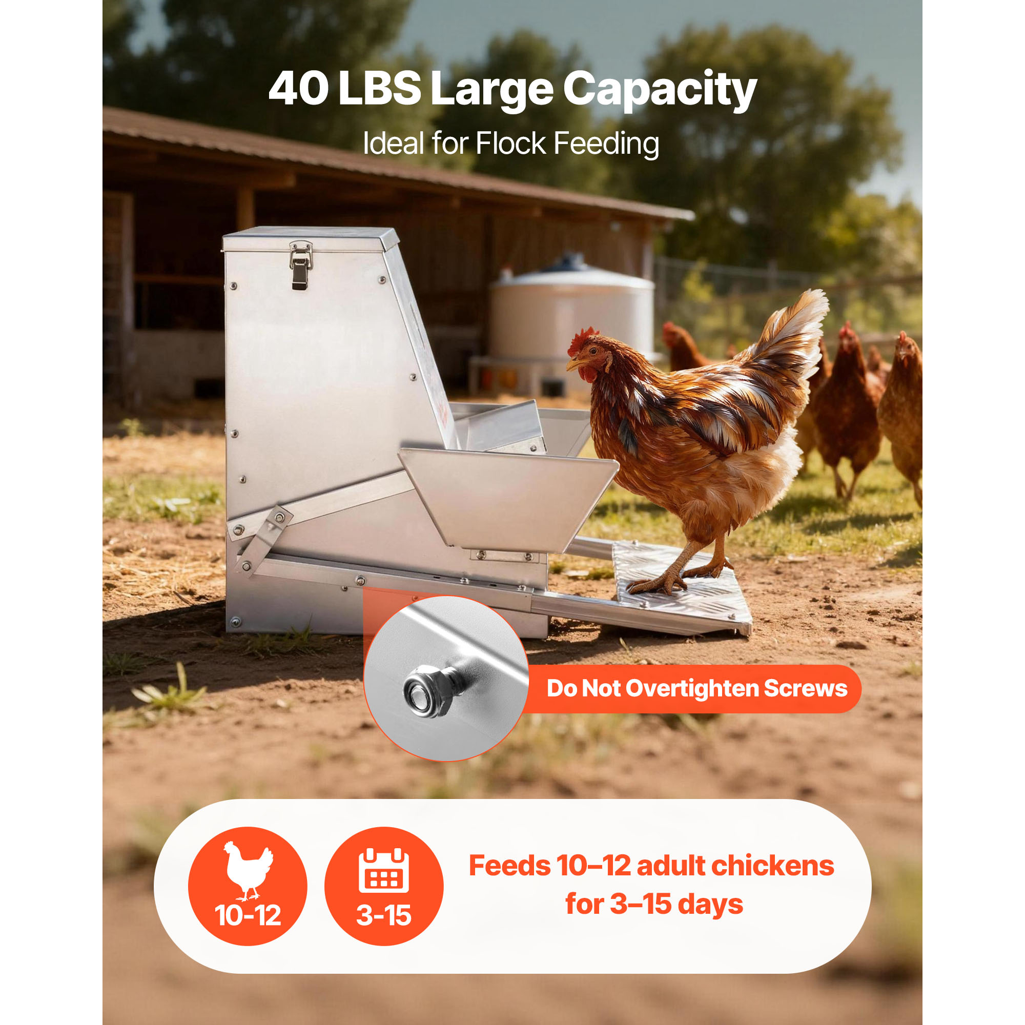 Automatic Chicken Feeder, 40 Lbs Capacity, Rainproof Treadle Poultry Feeder With Lockable Lid, No Waste, Galvanized Steel Construction, Outdoor Use, For Chicken, Bantams, Poultry, Pheasants — imagen 5