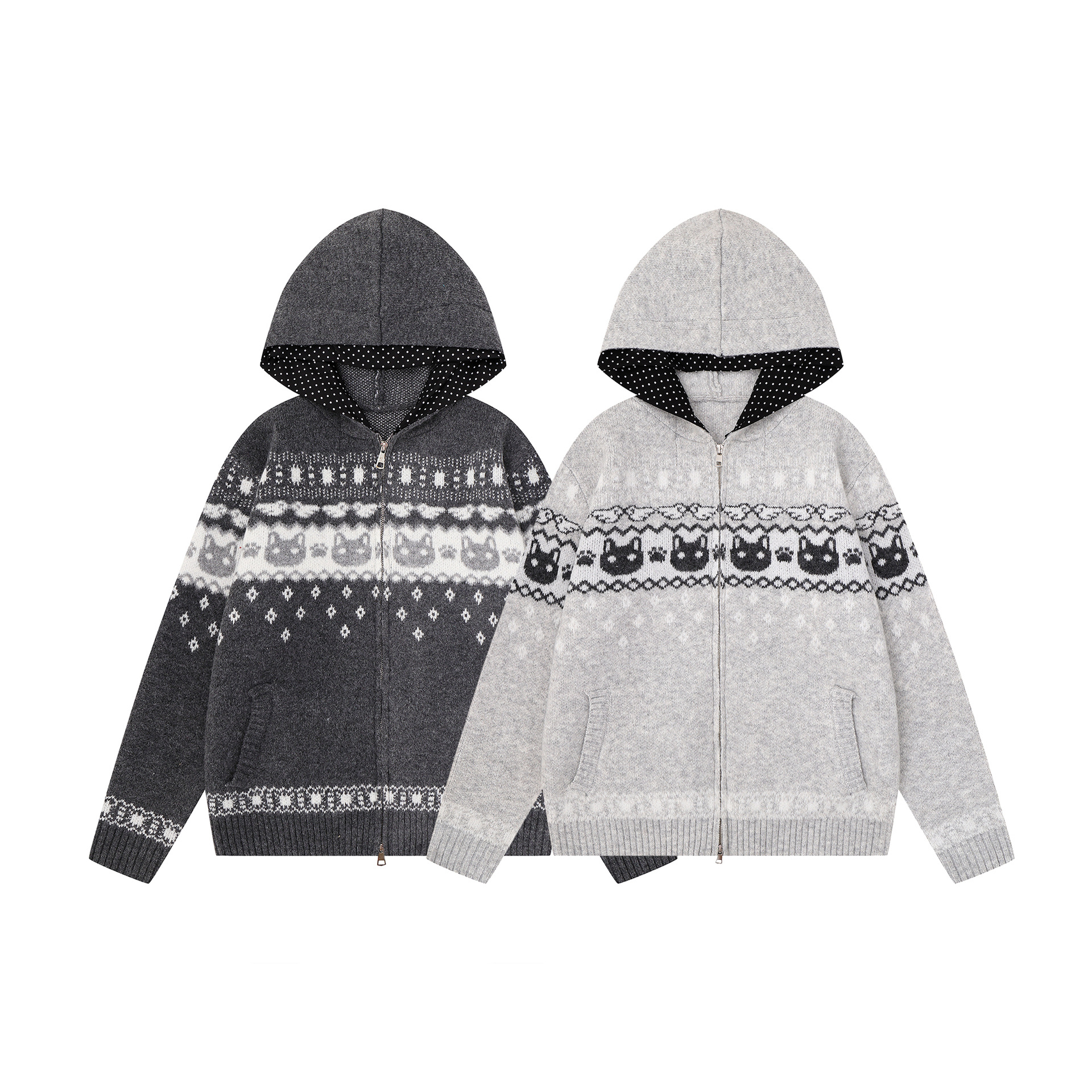 Vintage Cat Jacquard Knit Zipper Hooded Loose Cardigan Sweater Jacket — image 5