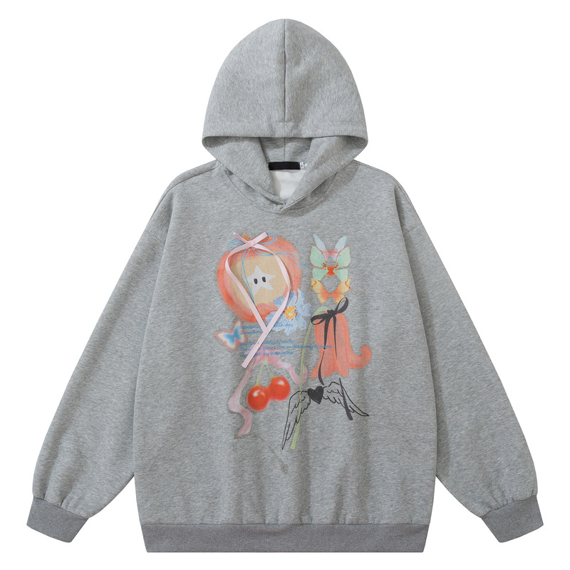 Grey loose hooded apple butterfly cherry hoodie — image 1