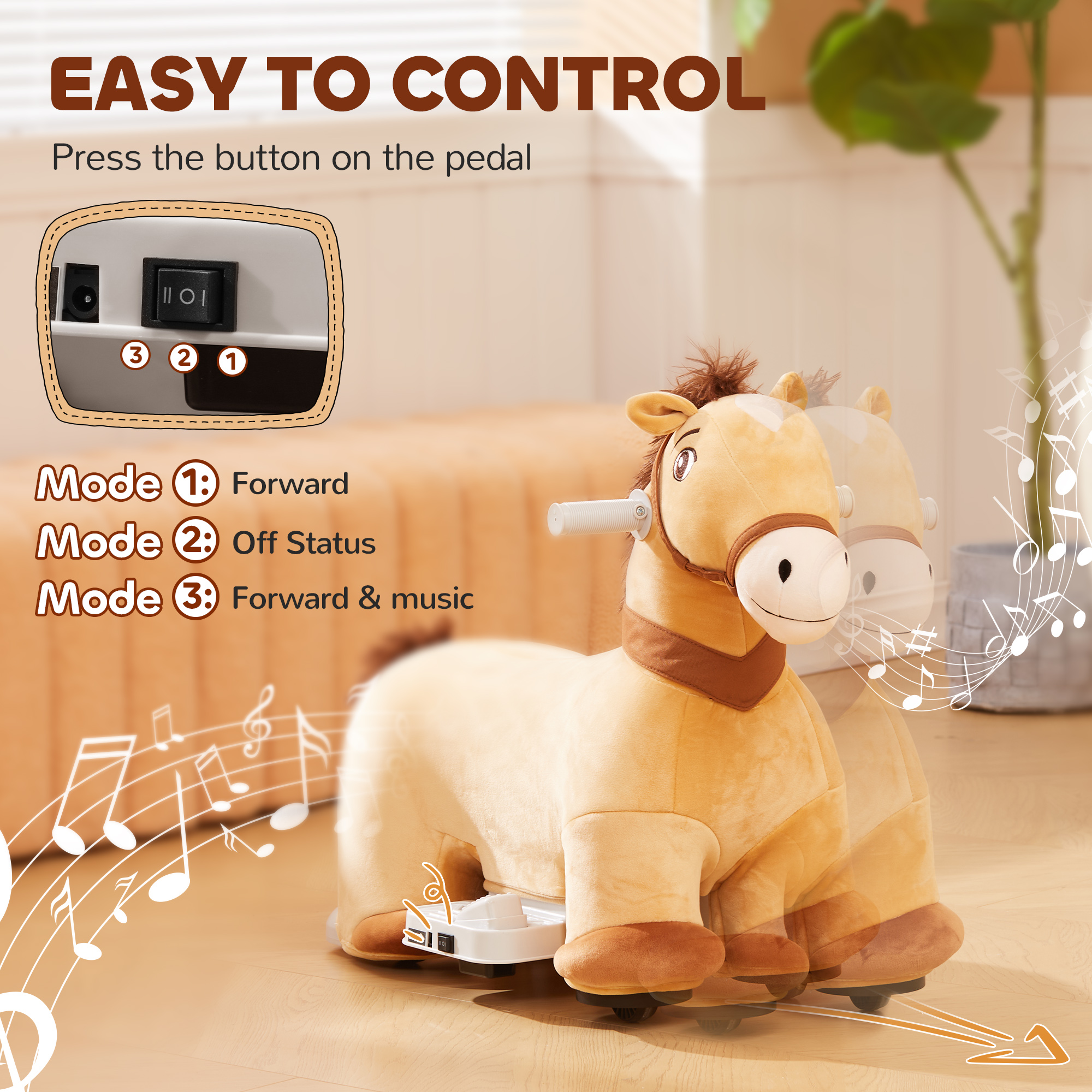 Caballo eléctrico de batería, montura para niños con música y ruedas PU, para edades 18-36 meses, marrón — imagen 8