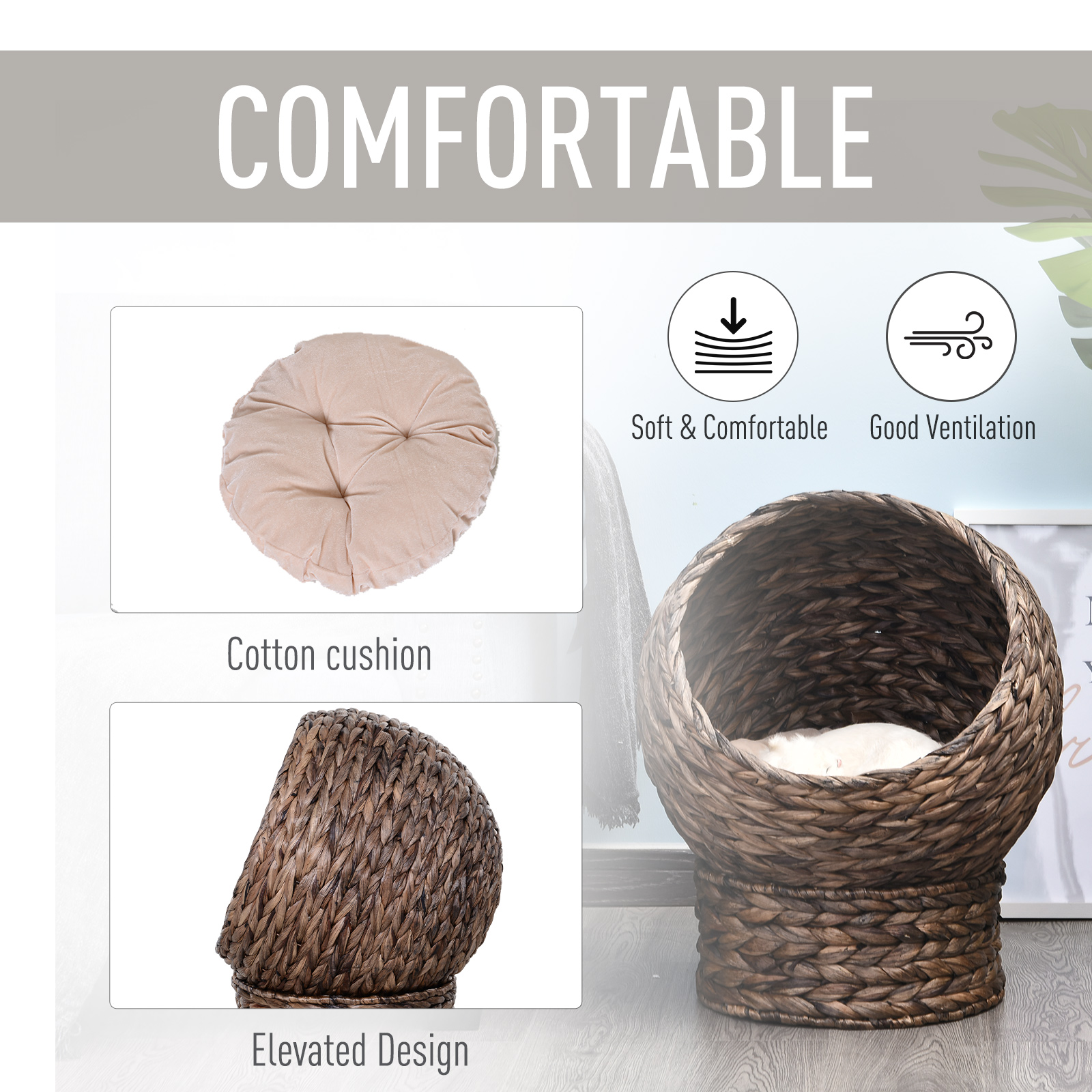 Cama para Gatos tejida a mano con cesta rotativa y almohadilla suave, silla de paja para gatos elevada con base marrón — imagen 7