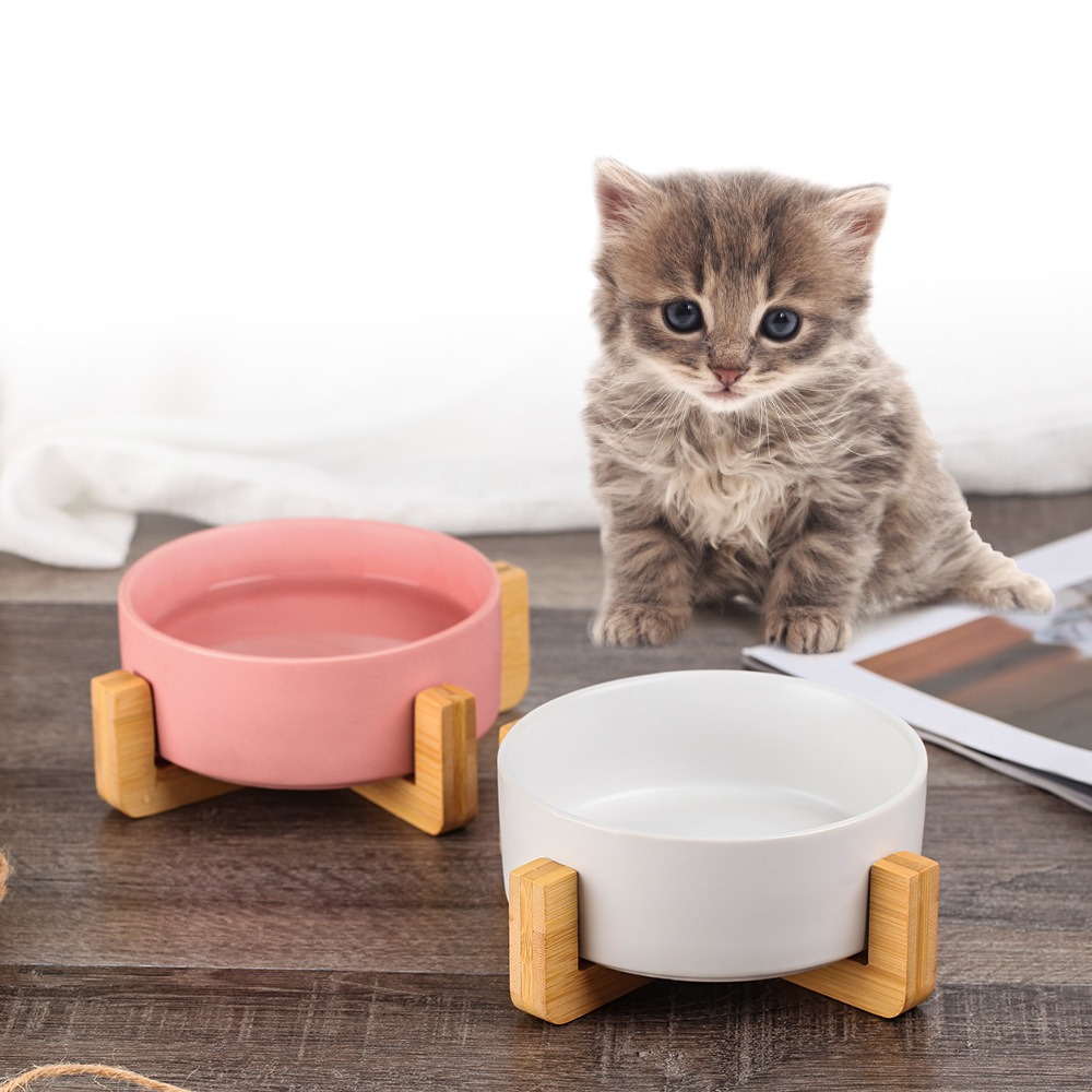 New Cute Pet Cat Bowl, Cat Basin, Ceramic Bowl, Drinking Water, Feeding, Non Slip Belt, Wooden Frame, Anti Overturning — image 2