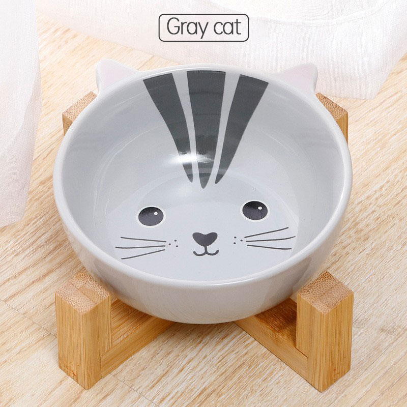 Double Ear Cartoon Ceramic Pet Bowl Bamboo Wooden Frame Matching Neck Bowl Dog Bowl Ceramic Cat Bowl — image 3