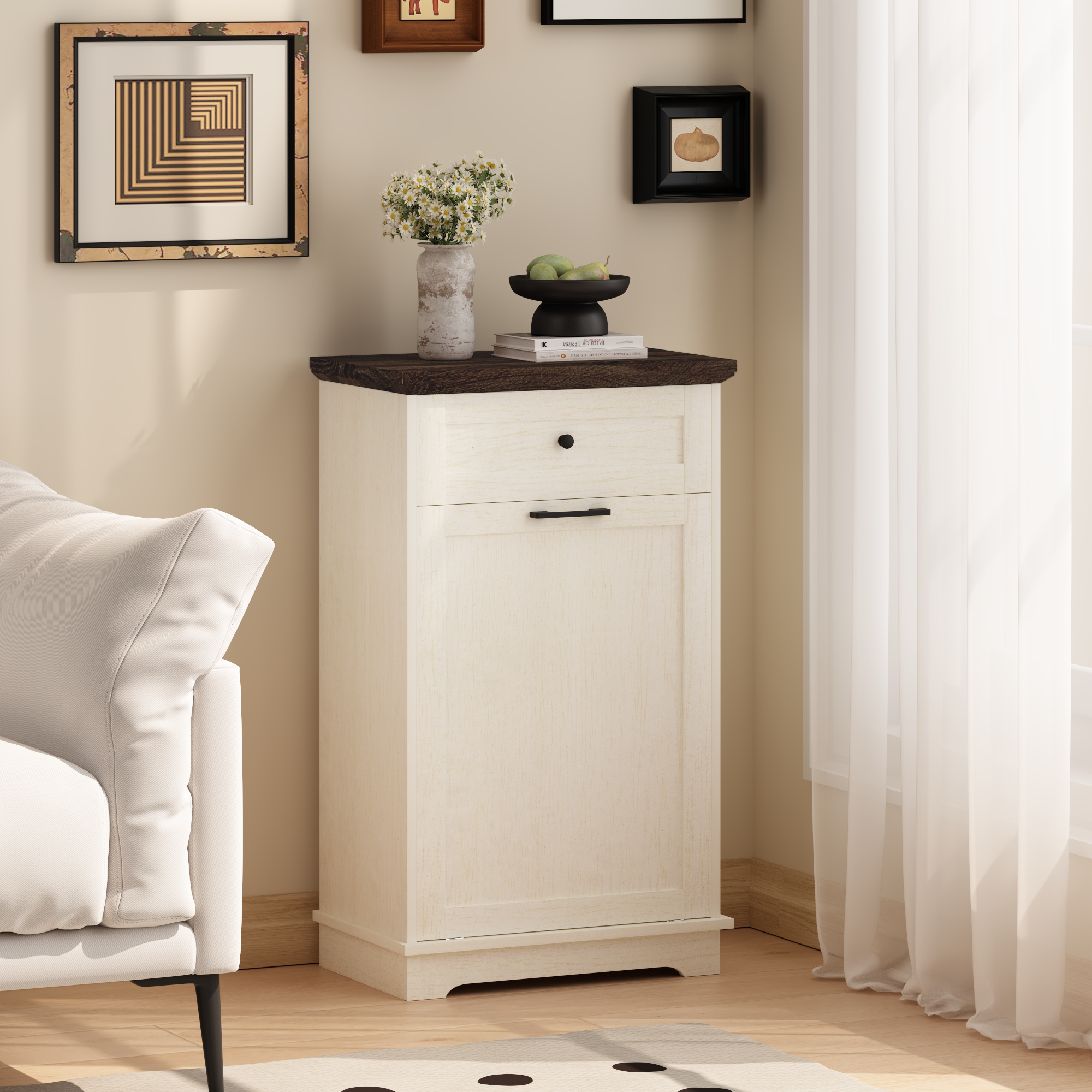 Mueble Basculante para Basurero de 10 Galones, Mueble Independiente para Bote de Basura, Mueble de Madera para Basura y Reciclaje con Cajón, a Prueba de Mascotas, para Cocina y Sala de Estar, Blanco Antiguo (No Incluye el Bote de Basura) — imagen 26