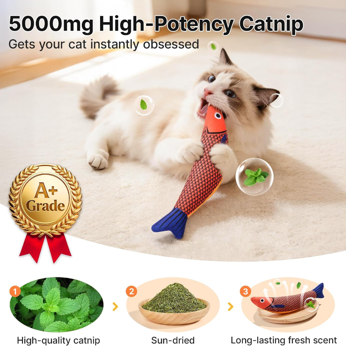 Juguetes para Gatos Pez Saurio, 3 Piezas, Catnip Crackle Sonido, Suaves y Duraderos, Activador de Interacción para Gato Interior — imagen 3