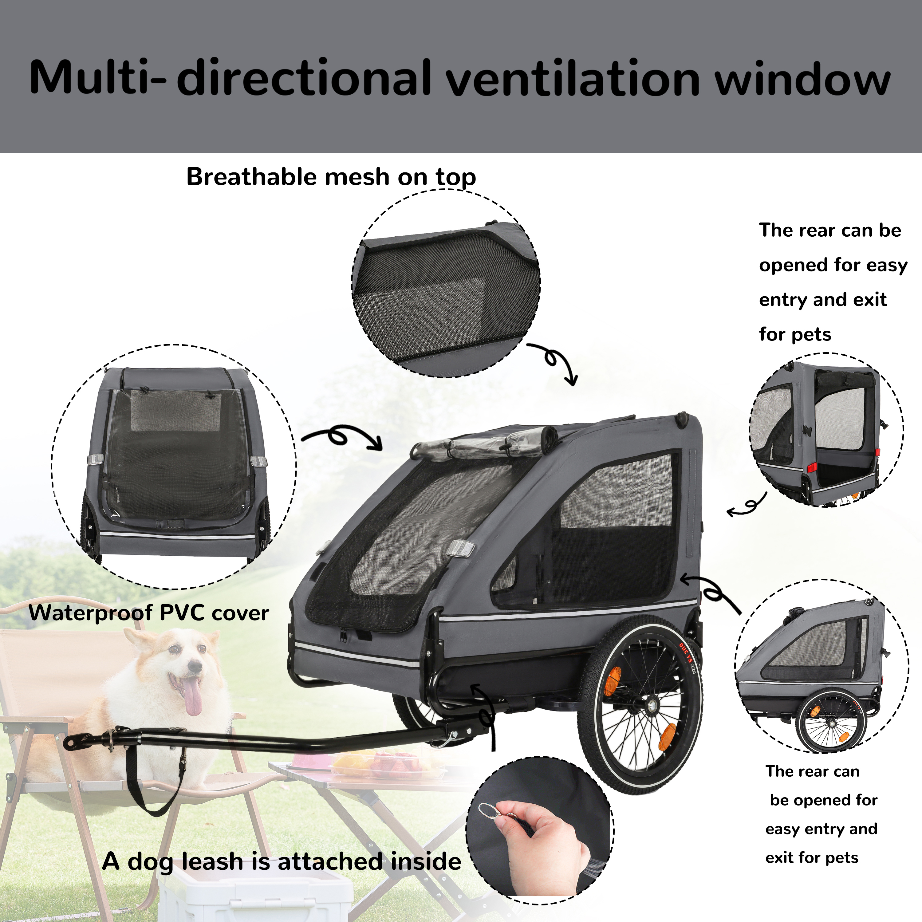 Pet Bike Trailer Dog Cart For Bicycle, Suitable For Small And Medium Pets, Easy Folding Cart Frame, Quick Release Wheel, Non-Slip Floor, Internal Leash, Black Grey — imagen 3