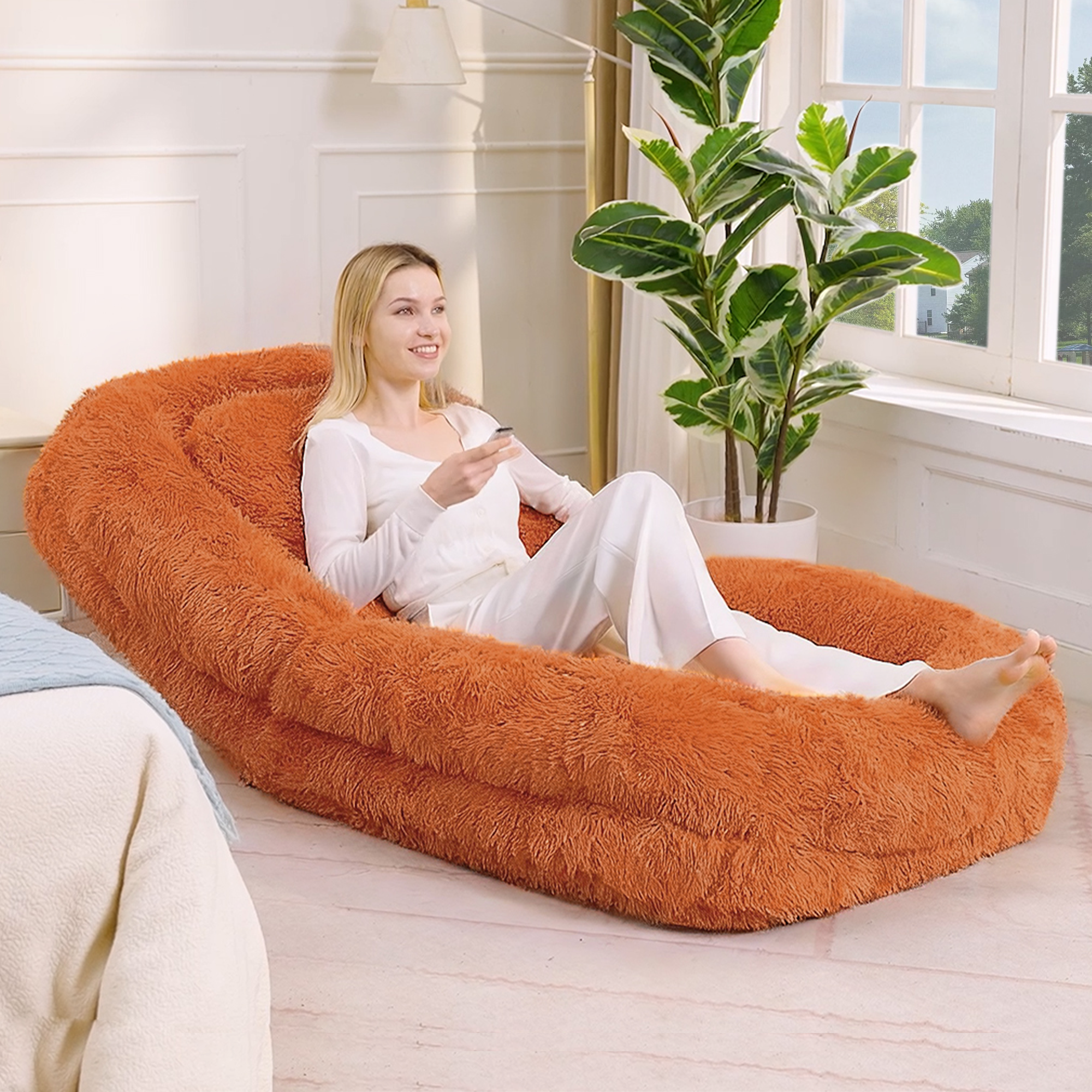 Human Dog Bed, Lazy Sofa, 5-Position Adjustable Convertible, Floor Gaming Chair, bedroom, living room, Suitable for gaming, meditation, relaxation, Plush Fabric, Orange — image 23