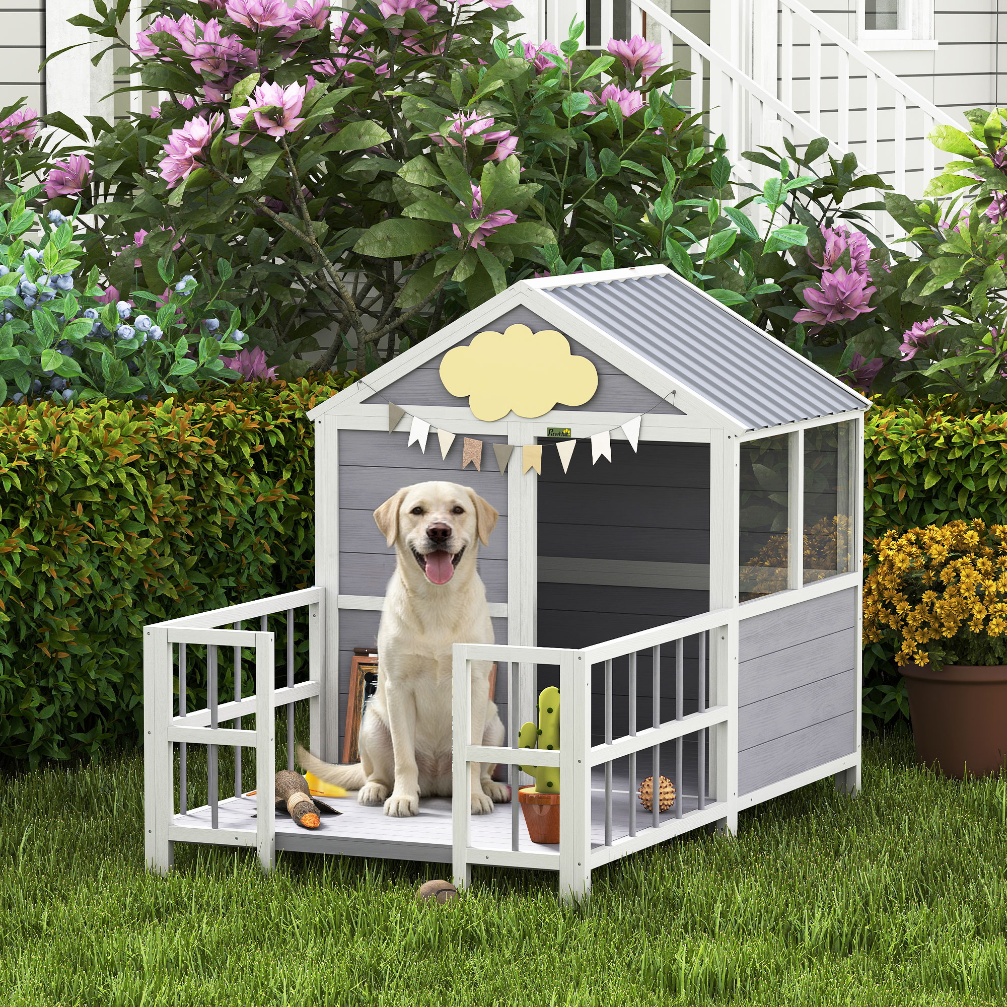 Casa de Perro Exterior, 61"L Casa de Madera para Perros con Porche, Techo Impermeable, Base Elevada y Ventilación — imagen 6