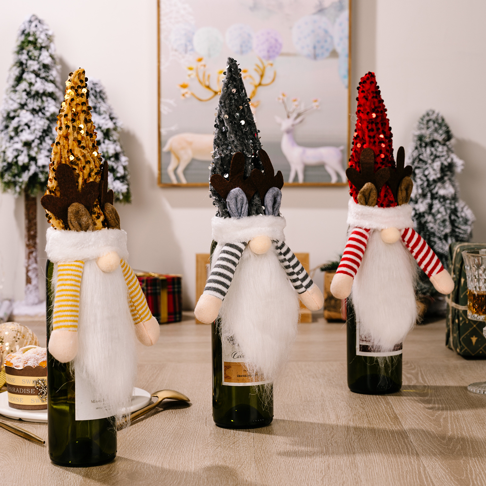Christmas decoration items, sequins, red, yellow, black sequin caps, wine bottle covers, deer horn wine covers, red wine bottle caps — image 4