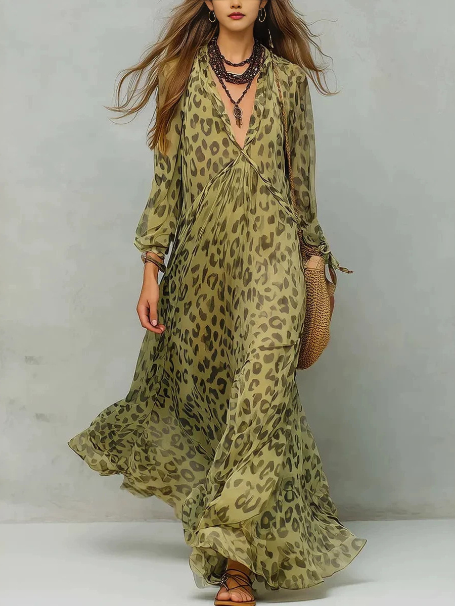 Dress de Verano con Estampado de Leopardo, Vuelo Profundo y Manga Larga — imagen 8