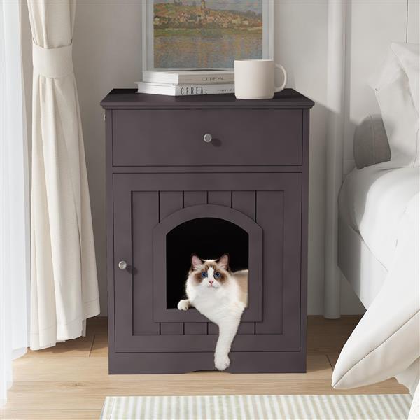 Wooden Pet House Cat Litter Box Enclosure With Drawer, Side Table, Indoor Pet Crate, Cat Home Nightstand Brown — imagen 1