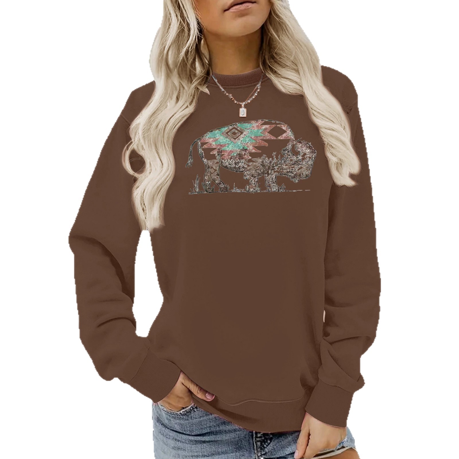 Buffalo print round neck fleece hoodie — image 1