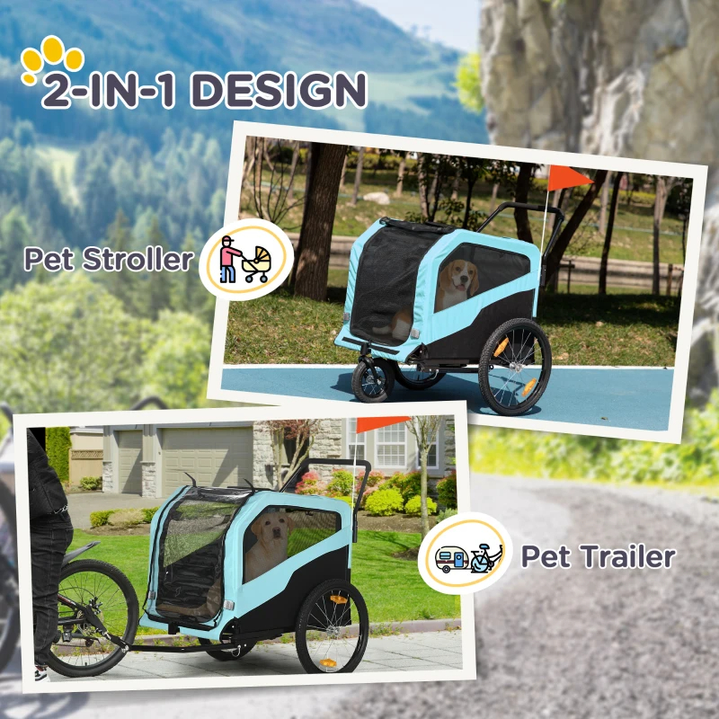 Remolque de Bicicleta y Cochecito Transportador 2 en 1 para Perros Grandes con Enganche, Ruedas de Liberación Rápida, Soporte para Pies, Carrito Vagón de Carga para Mascotas, Ideal para Viajes, Azul — imagen 3