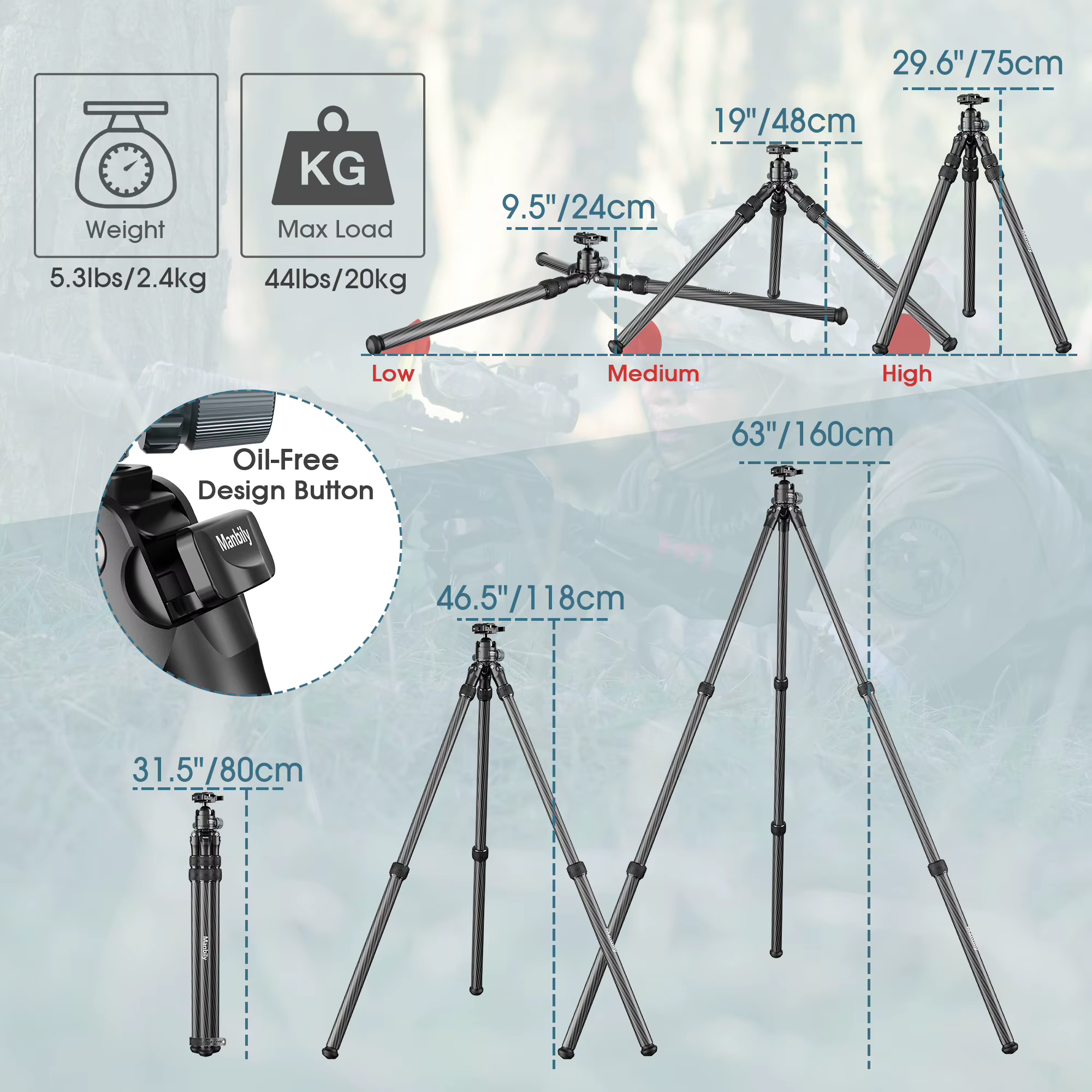 Manbily WZ2836 Carbon Fiber Hunting Tripod For Shooting Birdwatching With Heavy Duty Arca Swiss Ballhead Max 20kg 36mm Leg — image 4