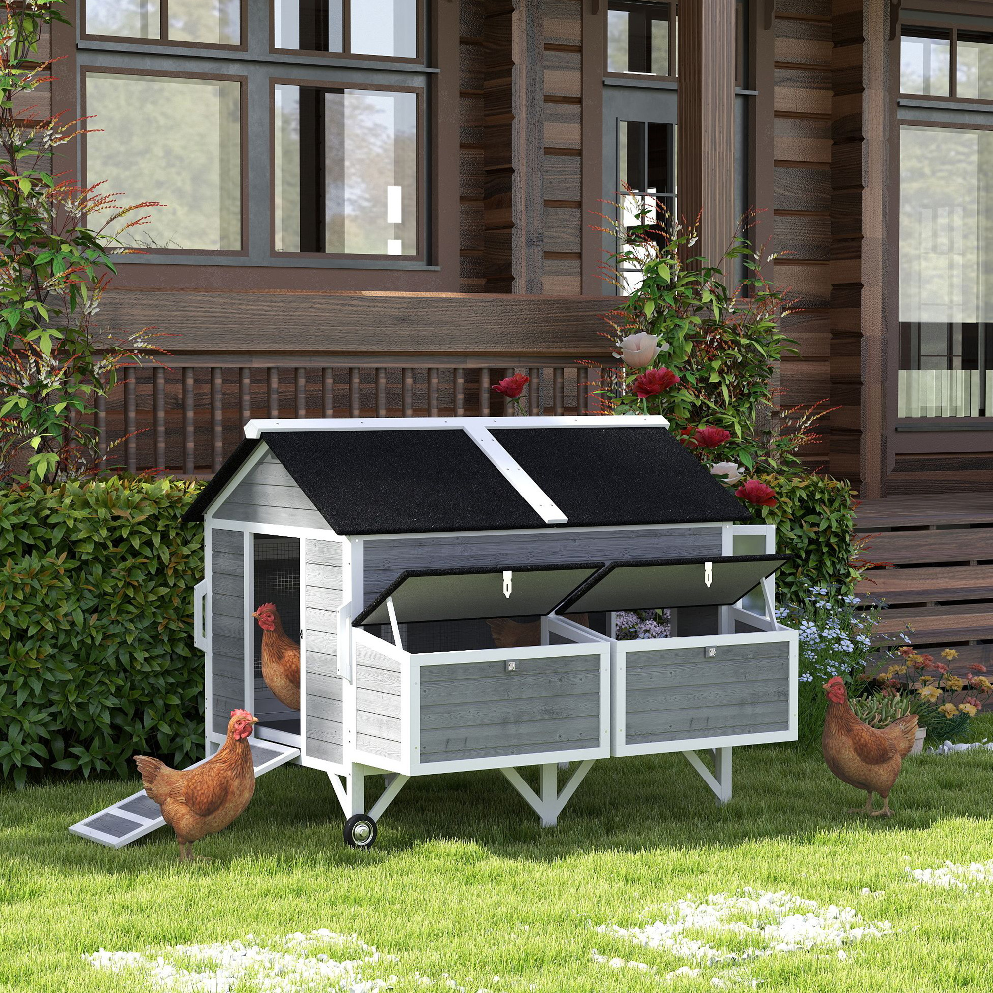Gallinero de Madera de 59" con Ruedas, Asas, 2 Nidos, 2 Bandejas, 4 Perchas, Tractor de Gallinas para 4-6 Gallinas, Gris — imagen 7