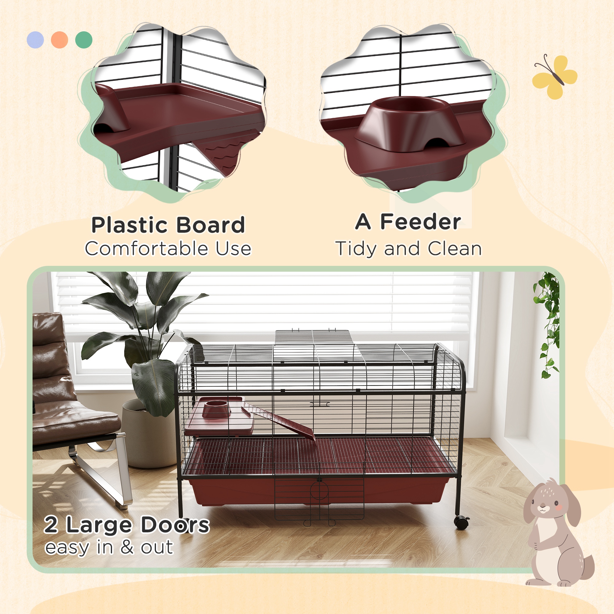 48" L Small Animal Cage, Pet Play House for Rabbit Hutch or Ferret with Feeder, Rolling Wheels, Platform, Ramp — imagen 5
