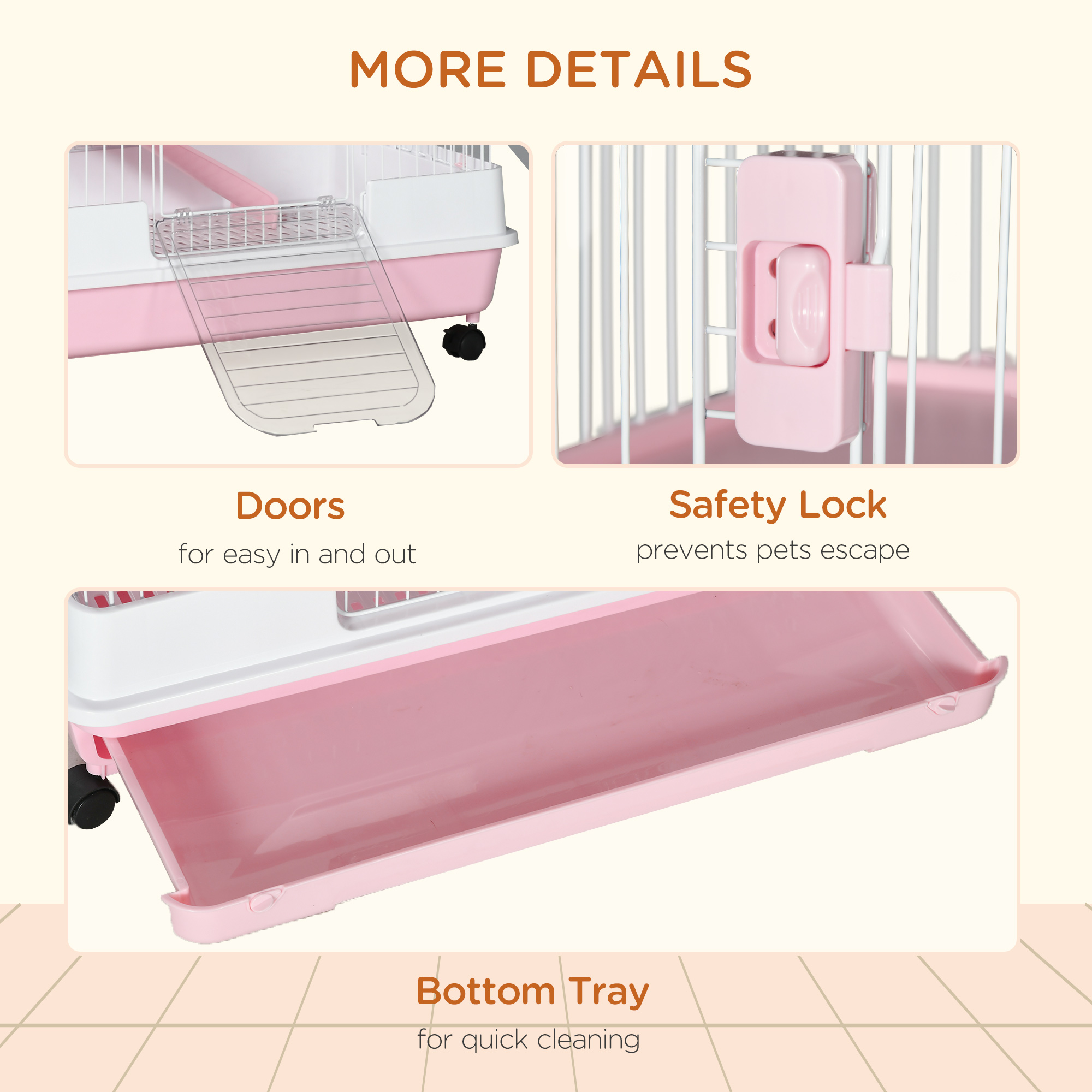 L 6-Level Small Animal Cage Rabbit Hutch with Universal Lockable Wheels, Slide-out Tray for Bunny, Chinchillas, Ferret, Pink — imagen 7