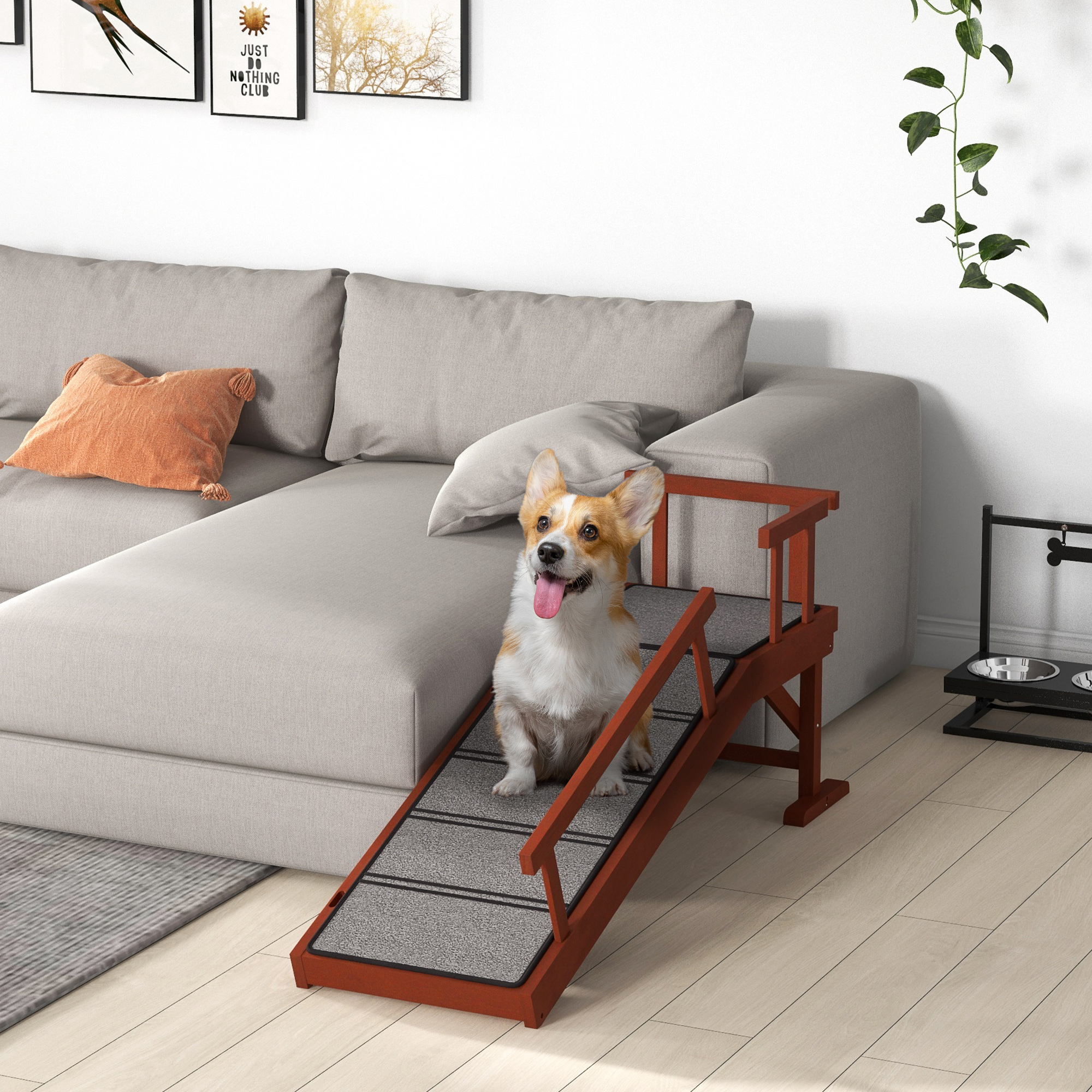 Paso de Madera para Perros con Guardarrallas Removibles, Superficie Antideslizante, 49" de Largo, Marrón — imagen 1