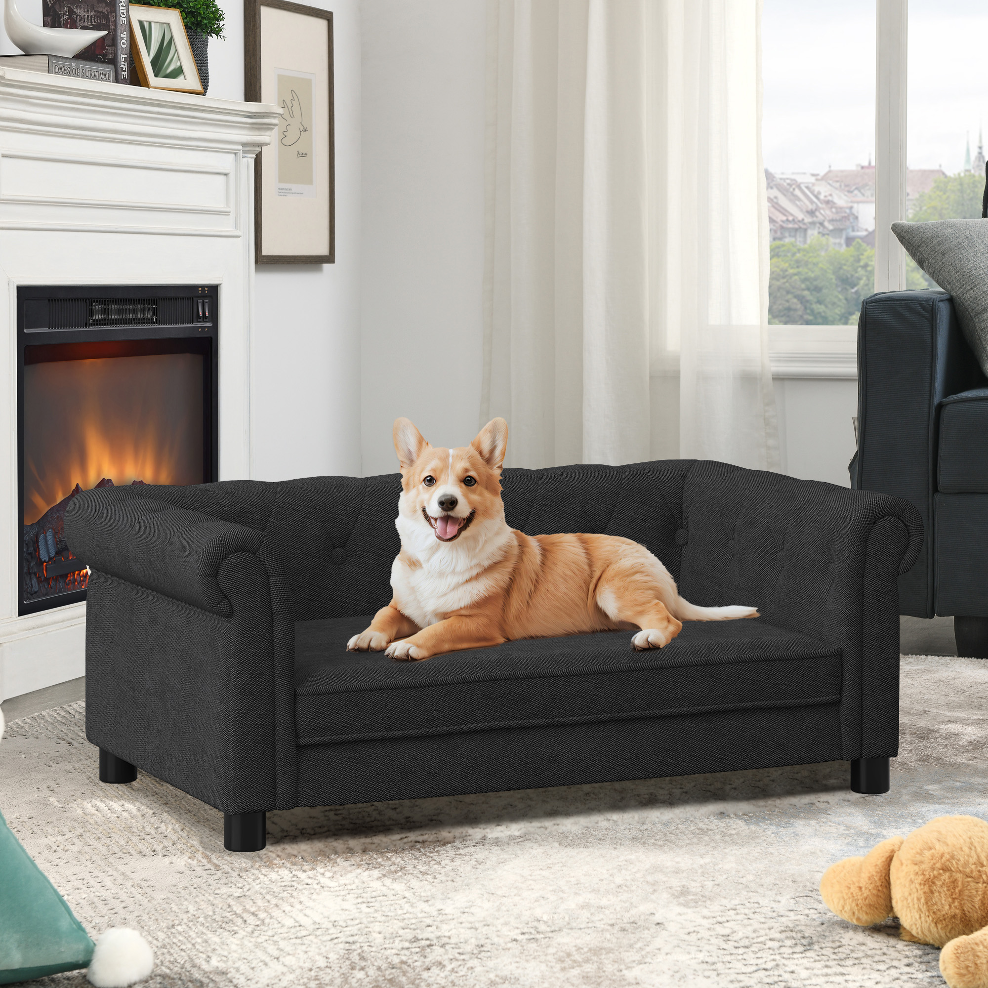 Sofá de Perro Elevado Rectangular para Pequeños y Medianos, Durable Sofa para Mascotas con Funda de Lino Moderno, Negra — imagen 1