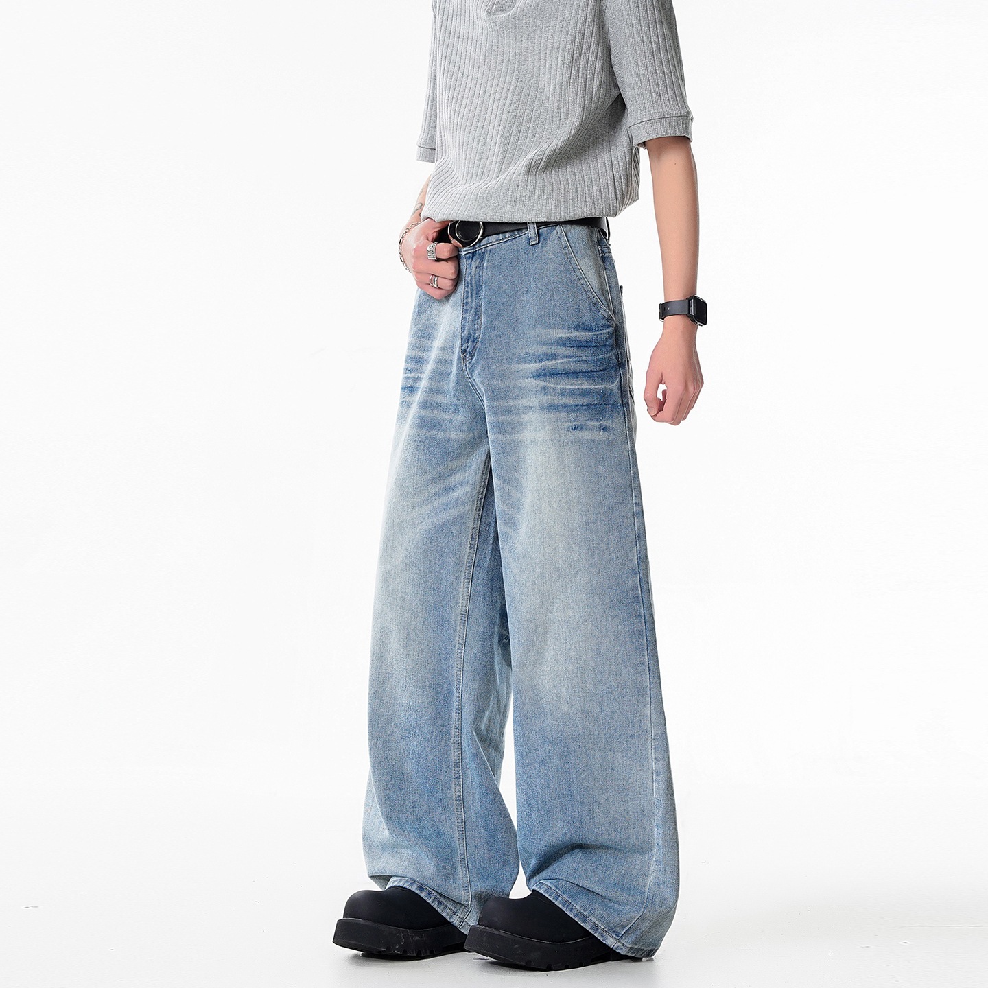 Relaxed Fit Cat-Whisker Washed Wide-Leg Jeans for Men — image 3