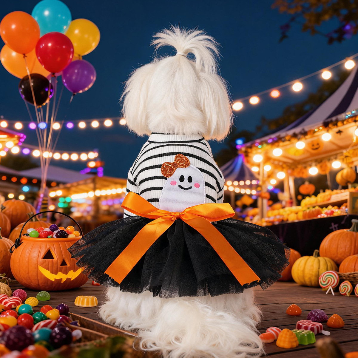 Striped Ghost Orange Bow Halloween Pet Tulle Dress for Maltese Cats, Black Mesh Holiday Formal Wear — image 3