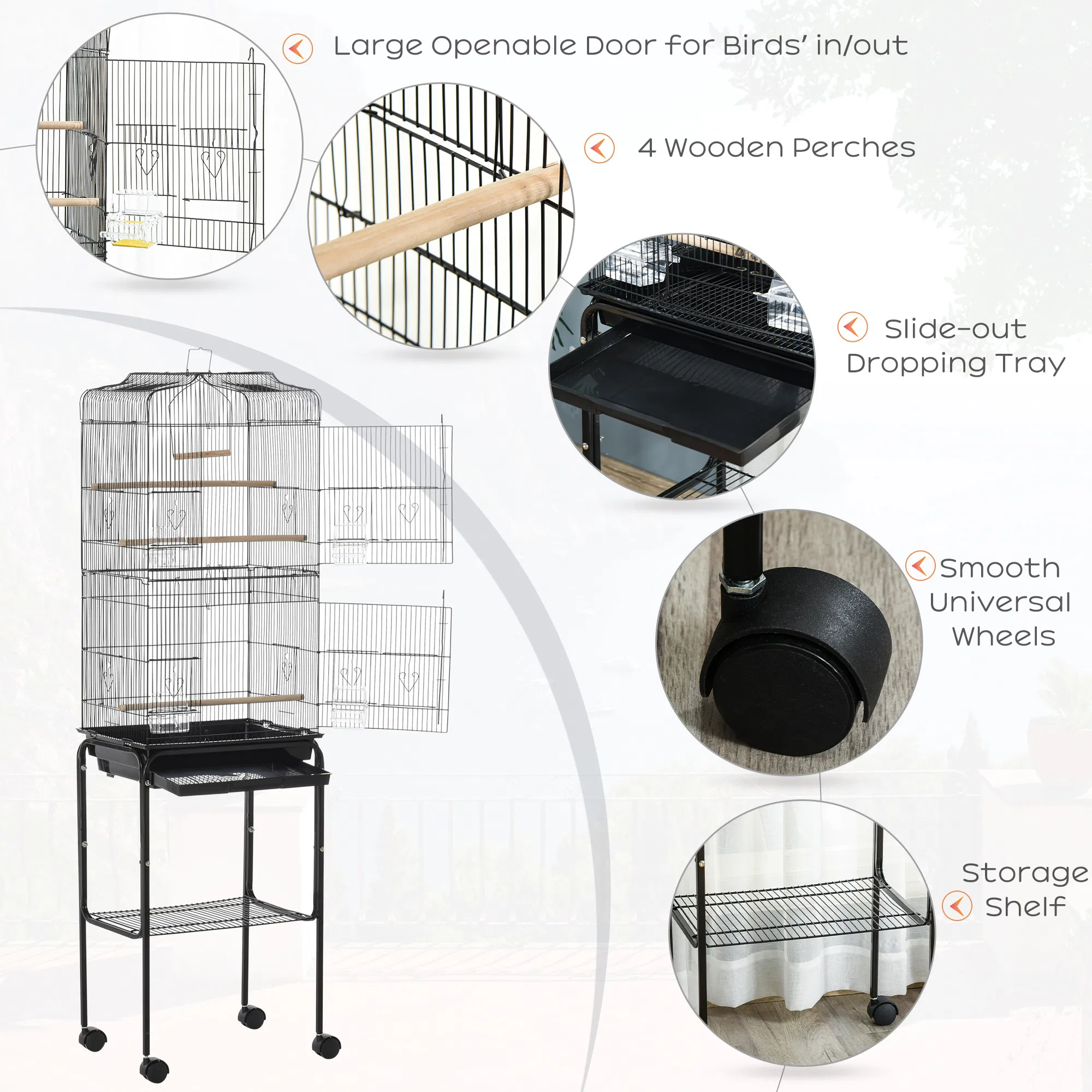 62" Rolling Bird Cage Cockatoo House Play Top Finch Pet Supply with Storage Shelf, Wheels - Black — image 2