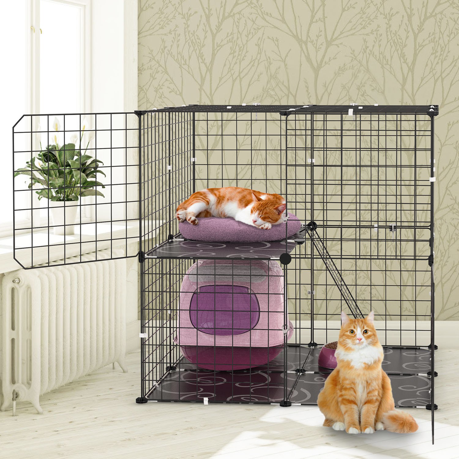 Jaula/Parque para Gatos de 2 Niveles, Recinto para Mascotas de Interior, Casa Jaula para Gatitos Desmontable con Escalera para Trepar, 2 Puertas, para 1 a 2 Gatos, Hurones, Ardillas y Otros Animales Pequeños — imagen 1