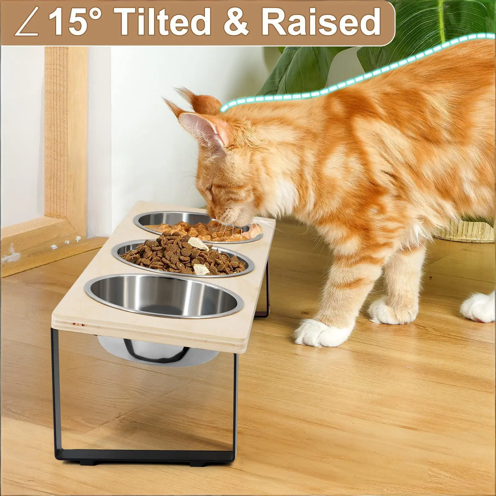 Comederos Elevados para Gatos con Pendiente 15° Suministros de Alimentación y Agua para Mascotas 3 Comederos de Acero Inoxidable con Soporte — imagen 1
