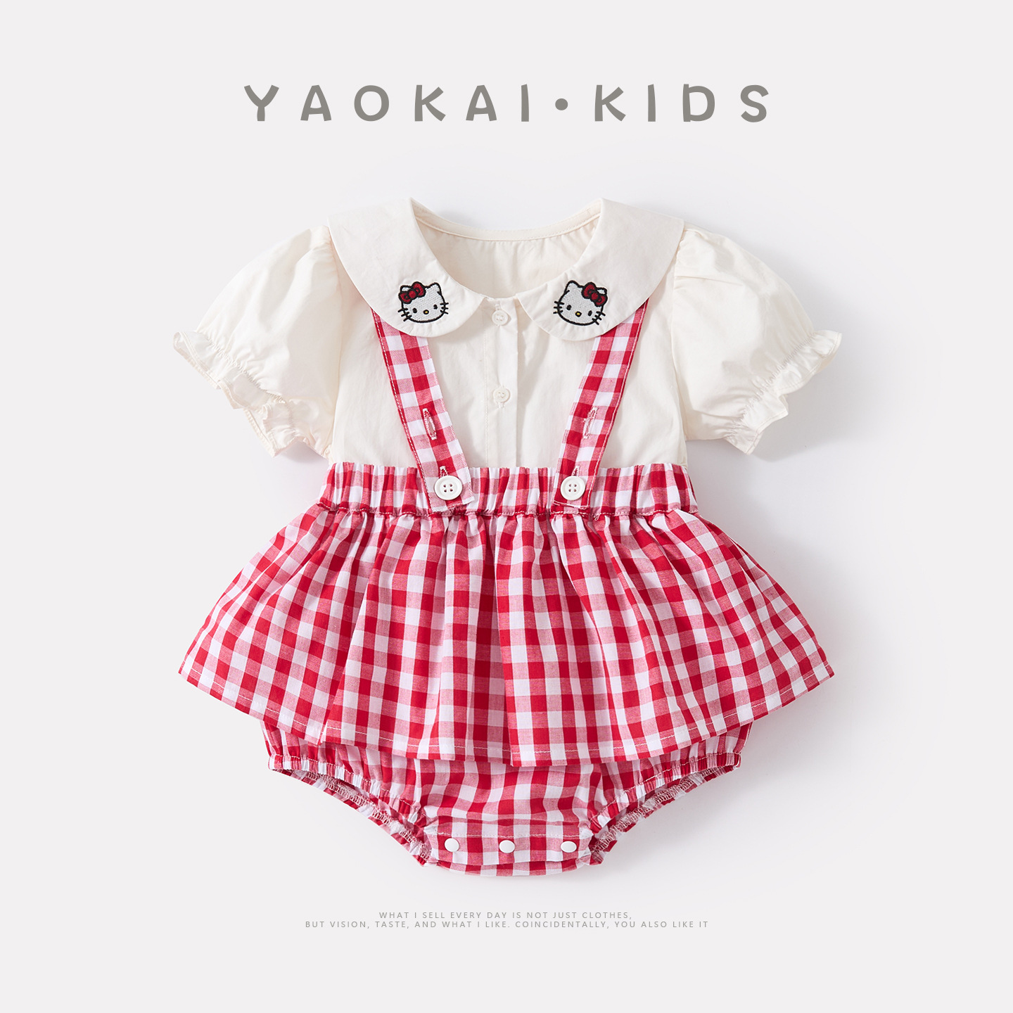 Baby Doll Collar Cartoon Embroidered Cat Short Sleeve Infant Plaid Overall Romper Two-Piece Set — image 3
