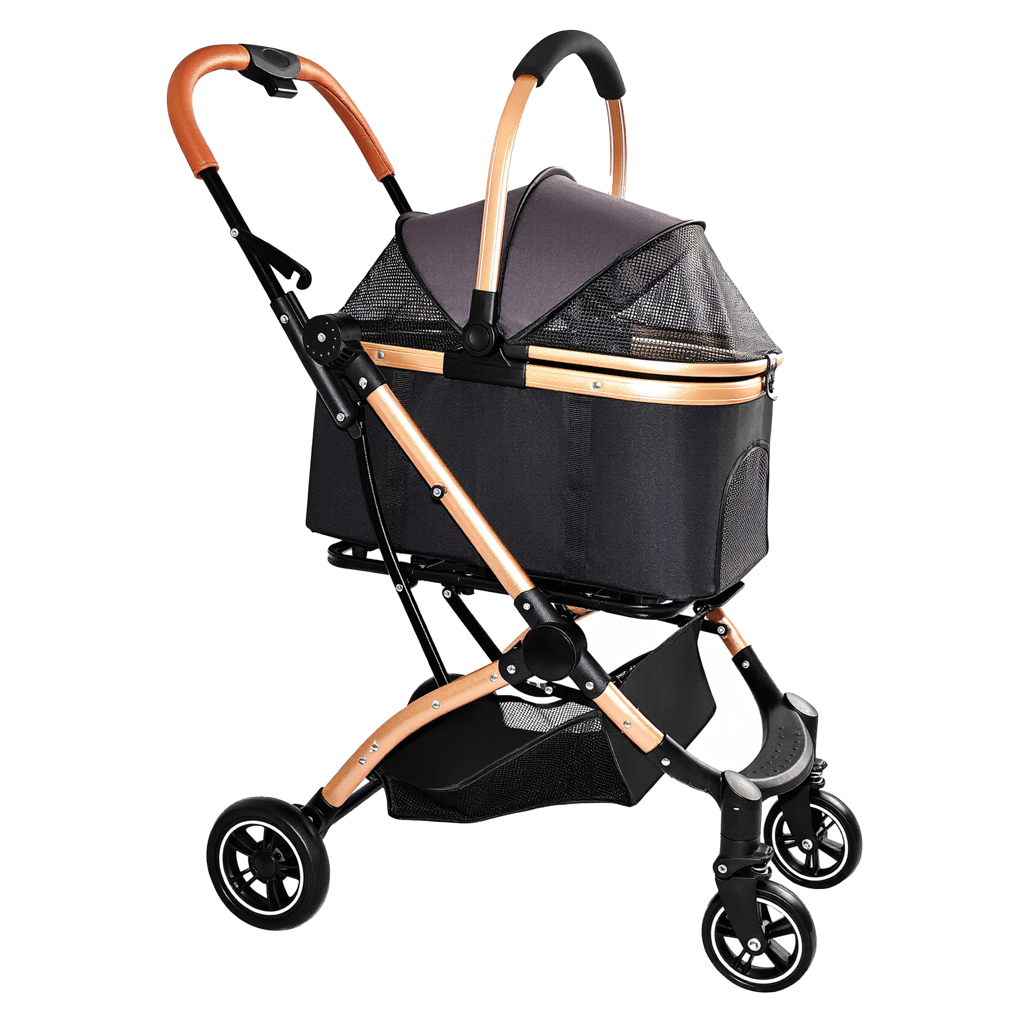 Pet Stroller for Dogs and Cats, 2-in-1 Detachable Foldable 4 Wheels Pet Stroller, Quick One-Hand Fold, Storage Basket, Detachable Carry Basket with Sun Canopy(Black+Gold) — image 13