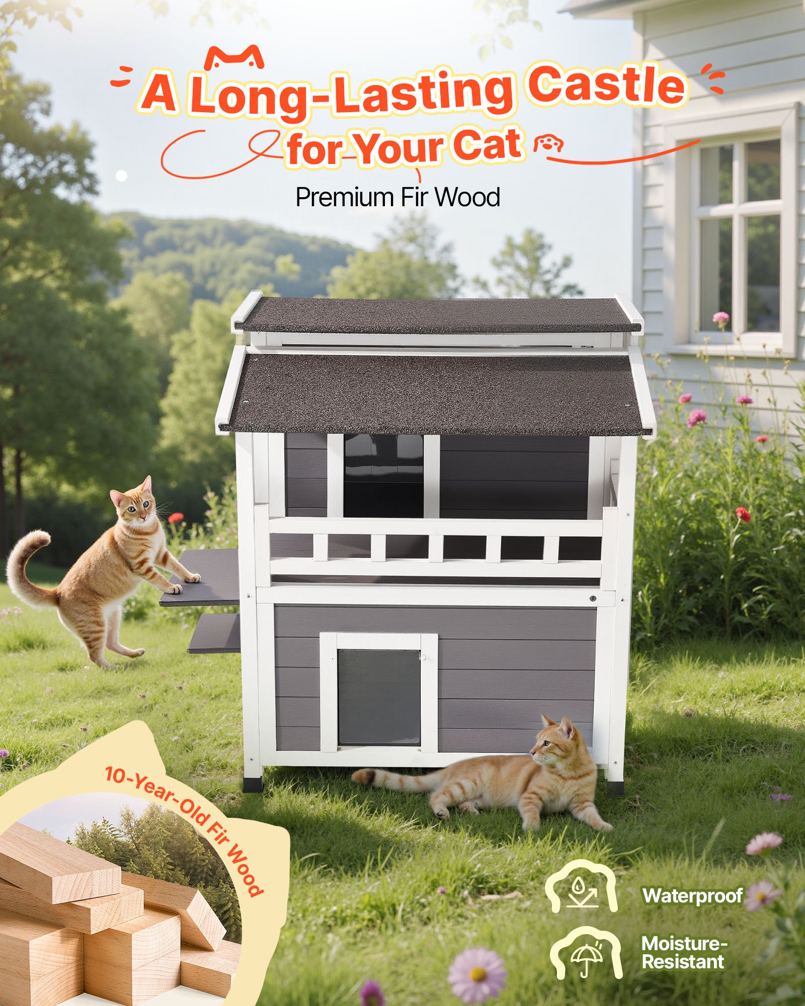 Casa Aislada para Gatos 2 Niveles, Refugio de Madera para Gatos Ferales con Balcón, Condominio de Gatos Impermeable para Indoors y Outdoors para 1-3 Gatos en Invierno 33 x 29.5 x 32 Pulgadas — imagen 3