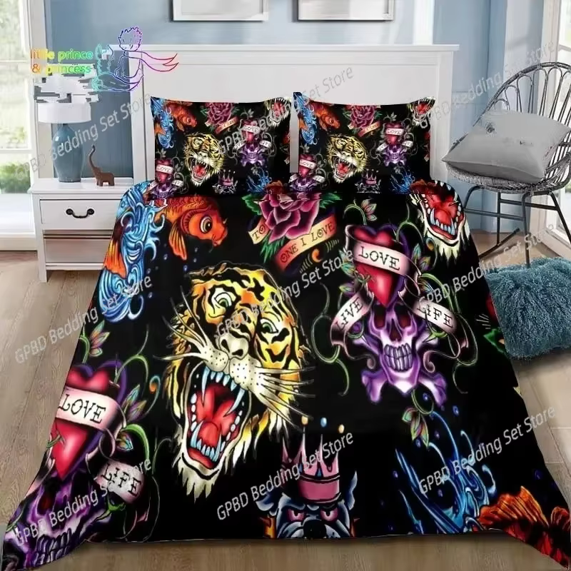 Ed-H-hardy T-Tattoo Tiger Skull Bedding Set Single Twin Full Queen King Size Bed Set Adult Kid Bedroom 3D Print Bedding Gift