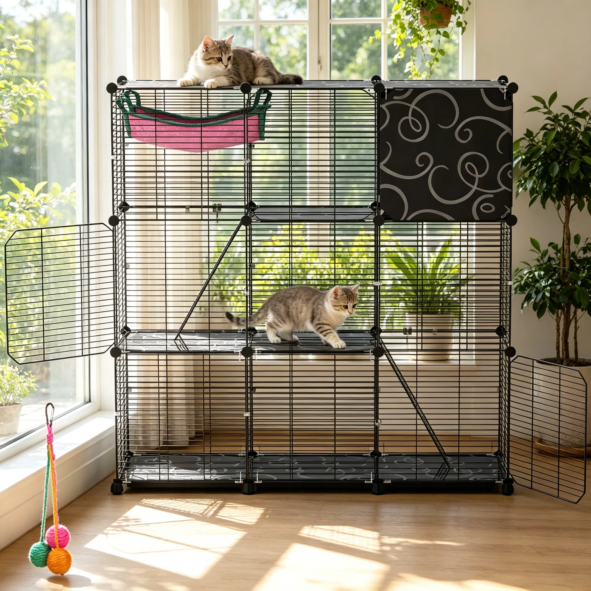 3-Level Metal Cat Cage Enclosure, Modular Pet Habitat with 3 Doors, 2 Ladders, Plush Hammock and Toy Ball for Small Indoor Animals — image 5