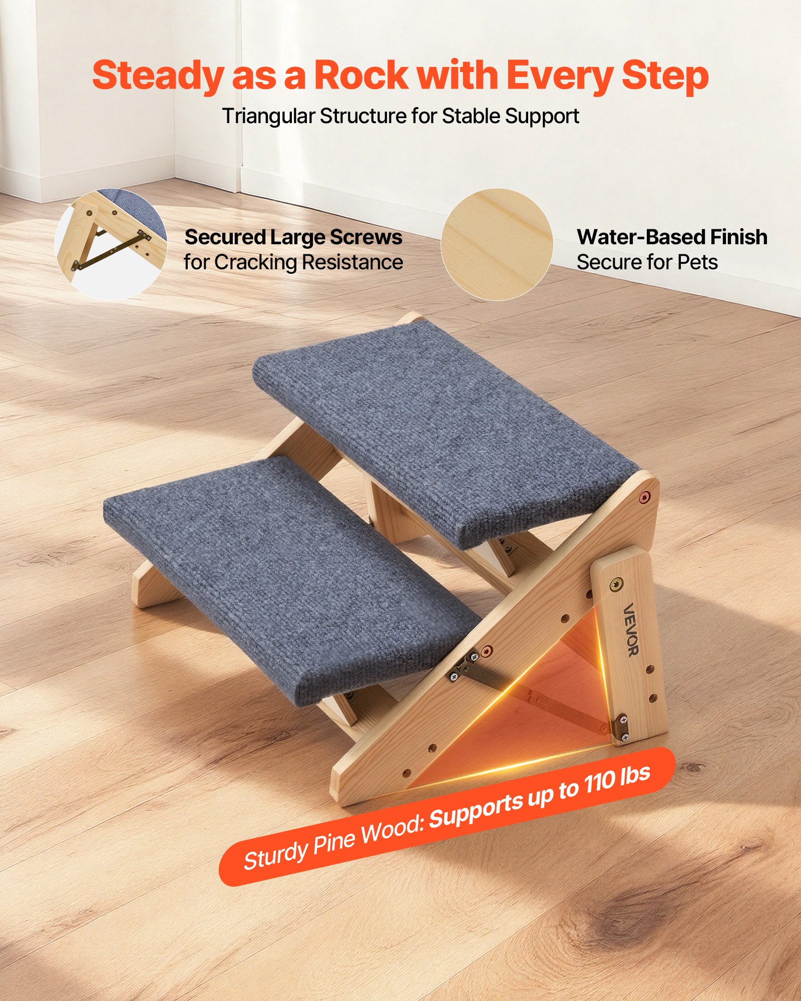 Escaleras de Madera para Mascotas 2 Pasos, Soporte Seguro para Cama, Sofá y Coche, Capacidad 110lbs, Diseño Plio Plegable, Estables y Rígidas para Perros y Gatos Pequeños Grandes Ancianos — imagen 5
